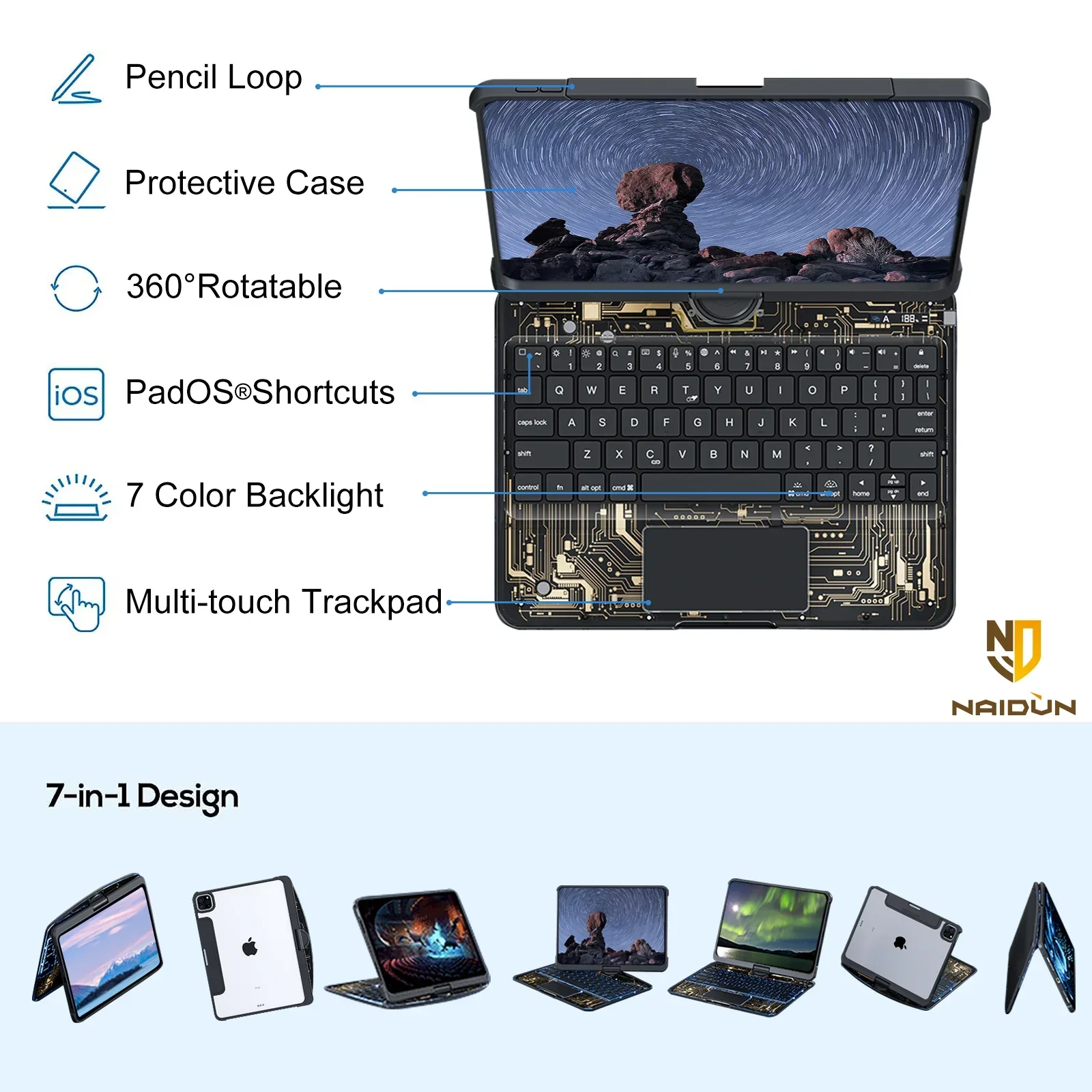 Apple iPad Air 11-inch M2/M3/M4 (2024/2025/2026) - 180 Degree Rotation Magic Cyberpunk Style Transparent Keyboard Case - Image 11