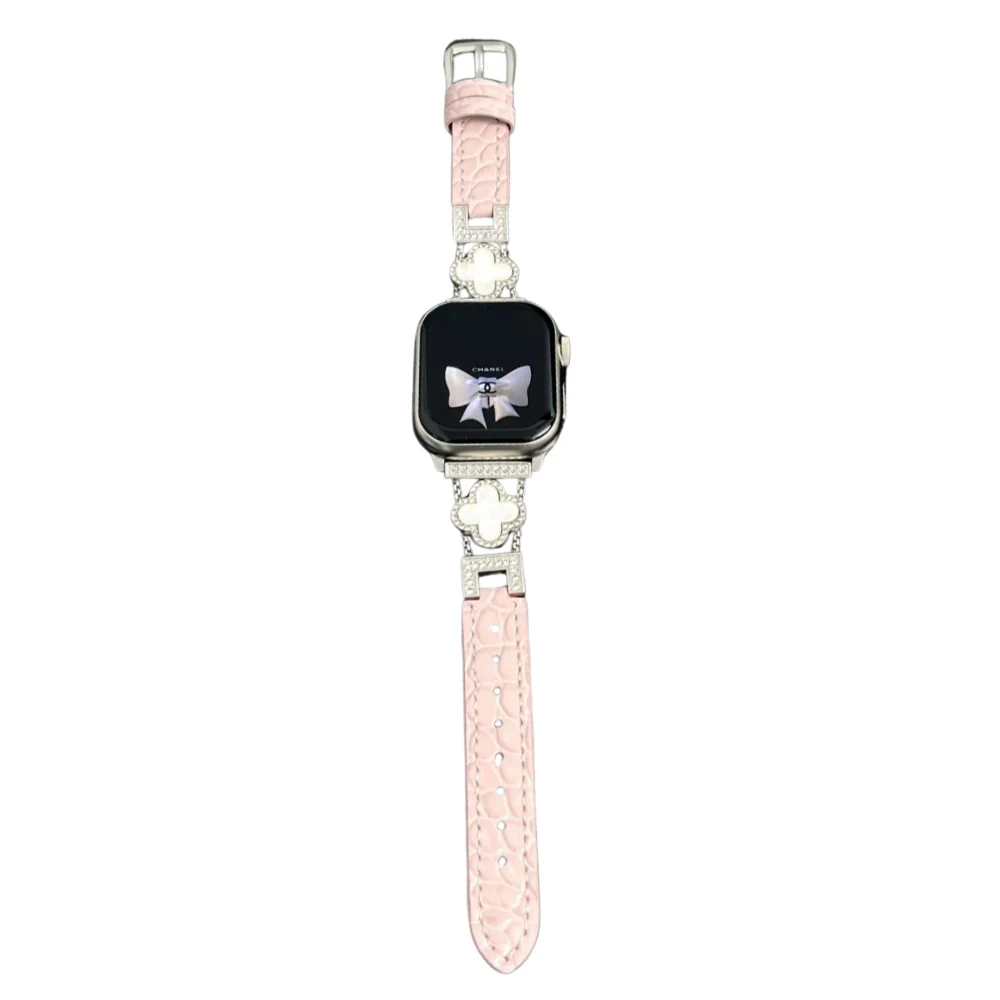 Apple Watch Series 1/2/3/4/5/6/SE/7/8/9/10/Ultra - Fashion Four-leaf Clover Alligator Grain Leather Watch Band - Image 6