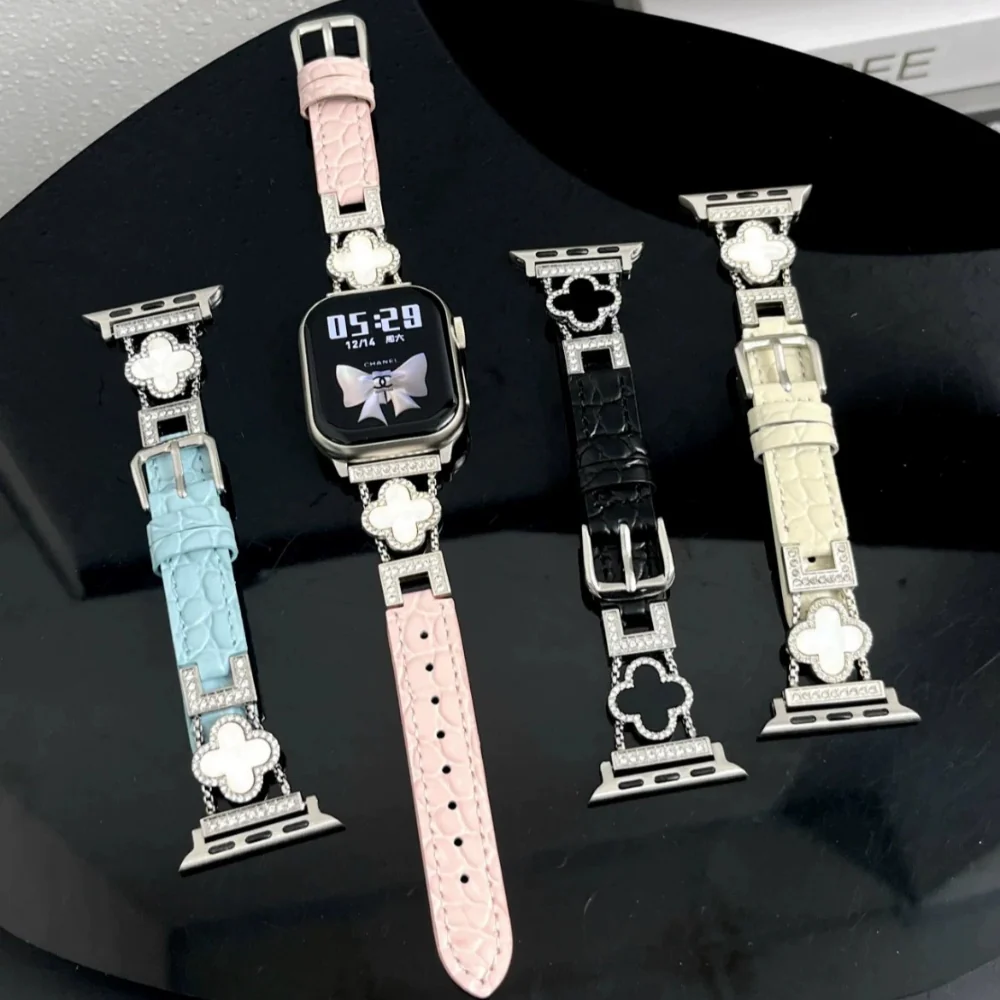 Apple Watch Series 1/2/3/4/5/6/SE/7/8/9/10/Ultra - Fashion Four-leaf Clover Alligator Grain Leather Watch Band - Image 7