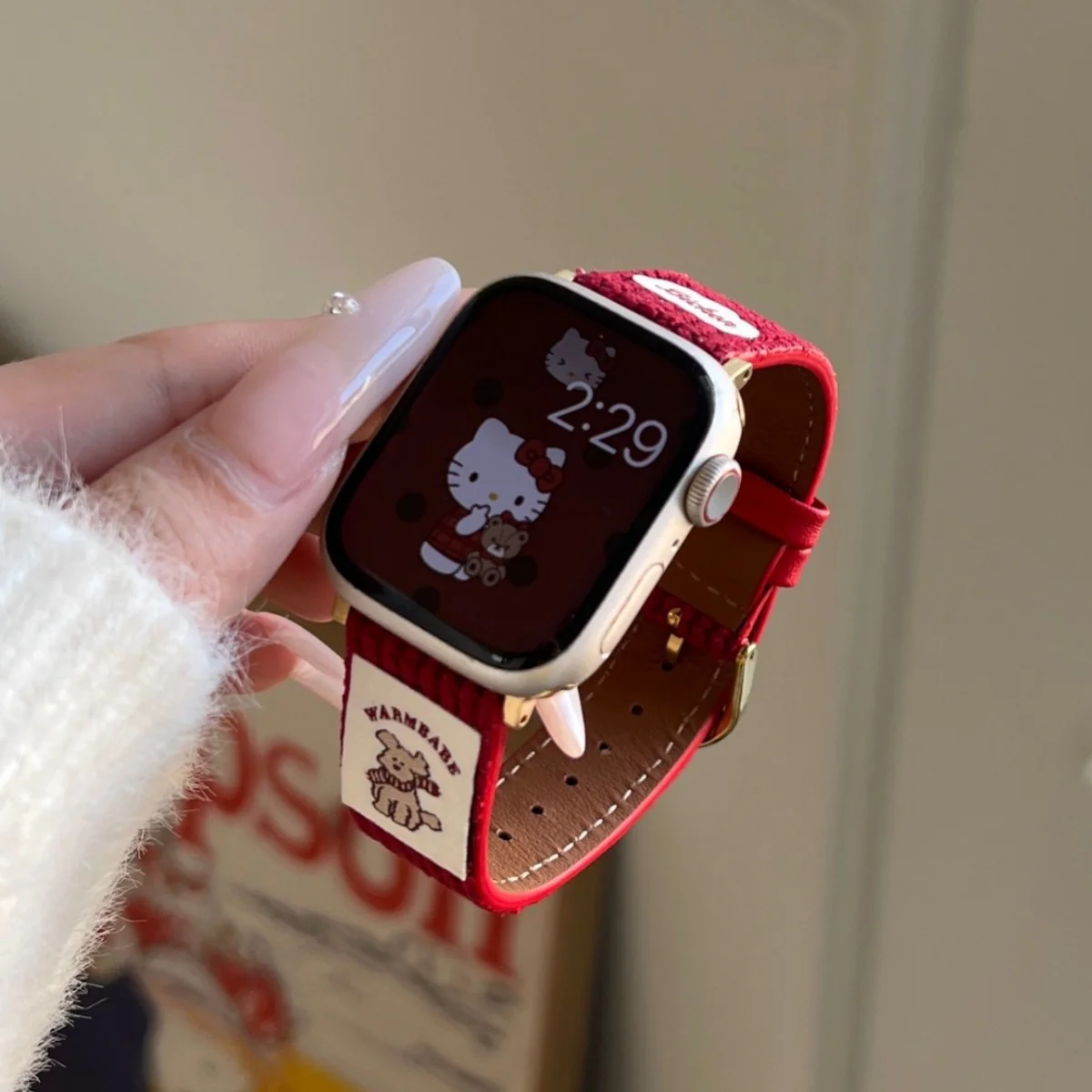 Apple Watch Series 1/2/3/4/5/6/SE/7/8/9/10/Ultra - Waffle Pattern Cartoon Animal Logo Leather Watch Band - Image 3