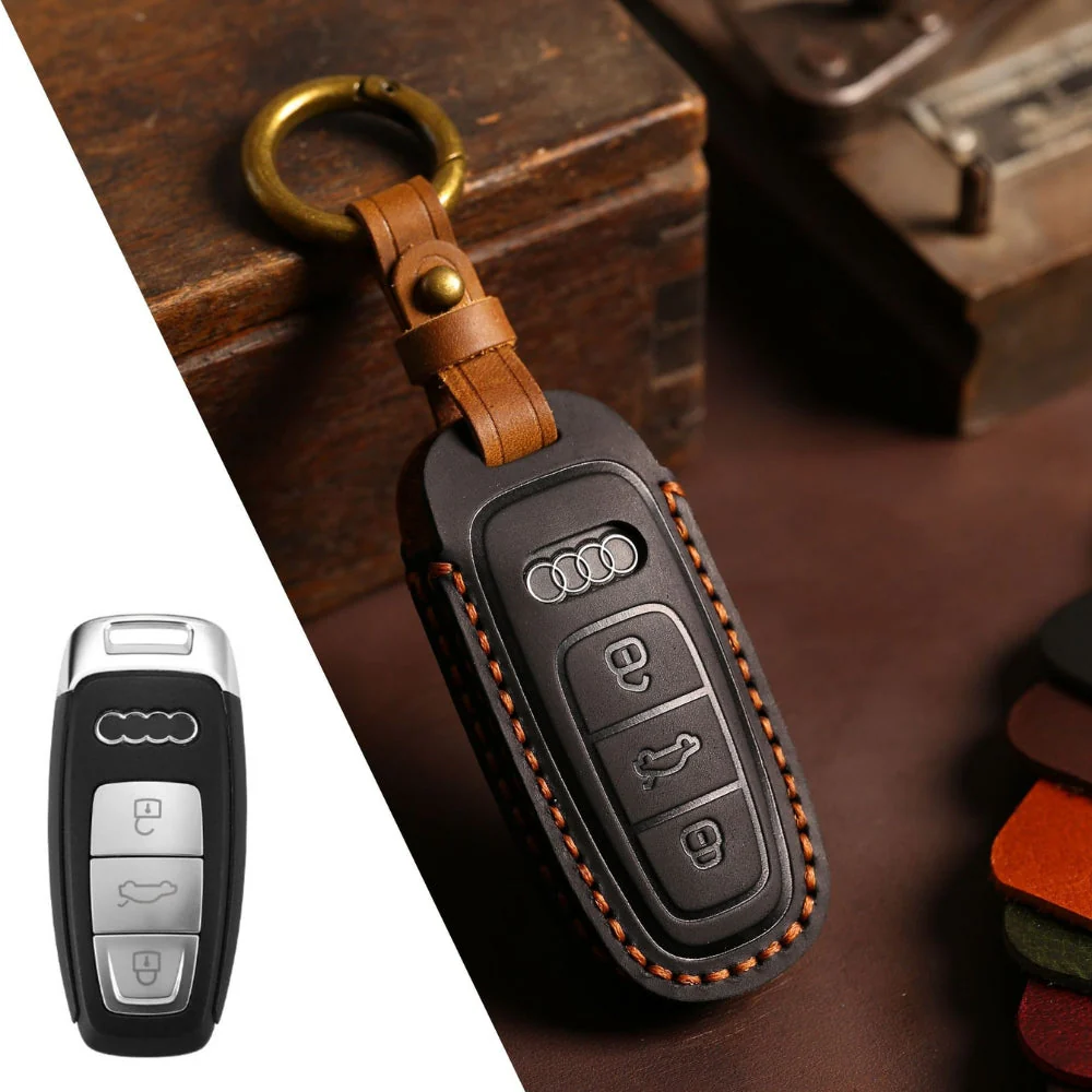Audi Handcrafted Genuine Leather Car Key Fob Case Cover For A3, A4, A5, A6, A8, Q2, Q5, Q7, Q8, e-tron - Image 2