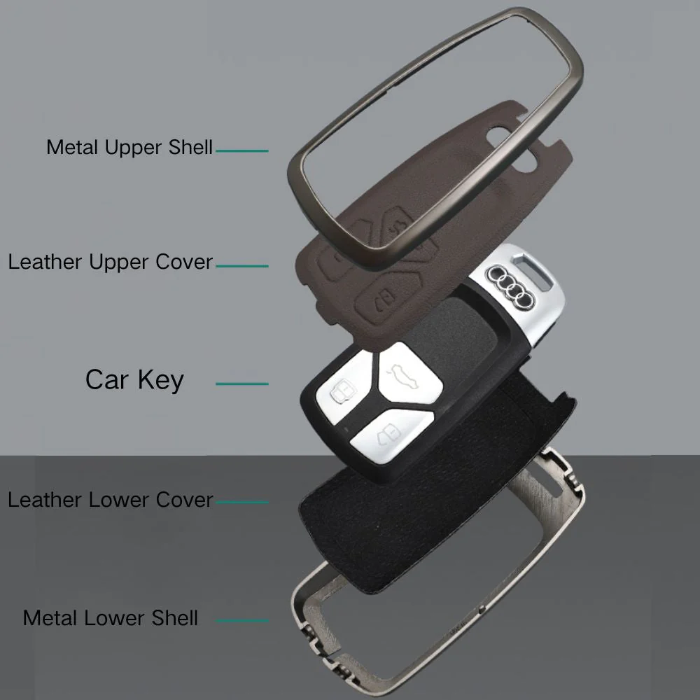Audi Zinc Alloy + Leather Car Key Fob Case Cover For A4, A5, A6,A8, Q2, Q5, Q7 - Image 9