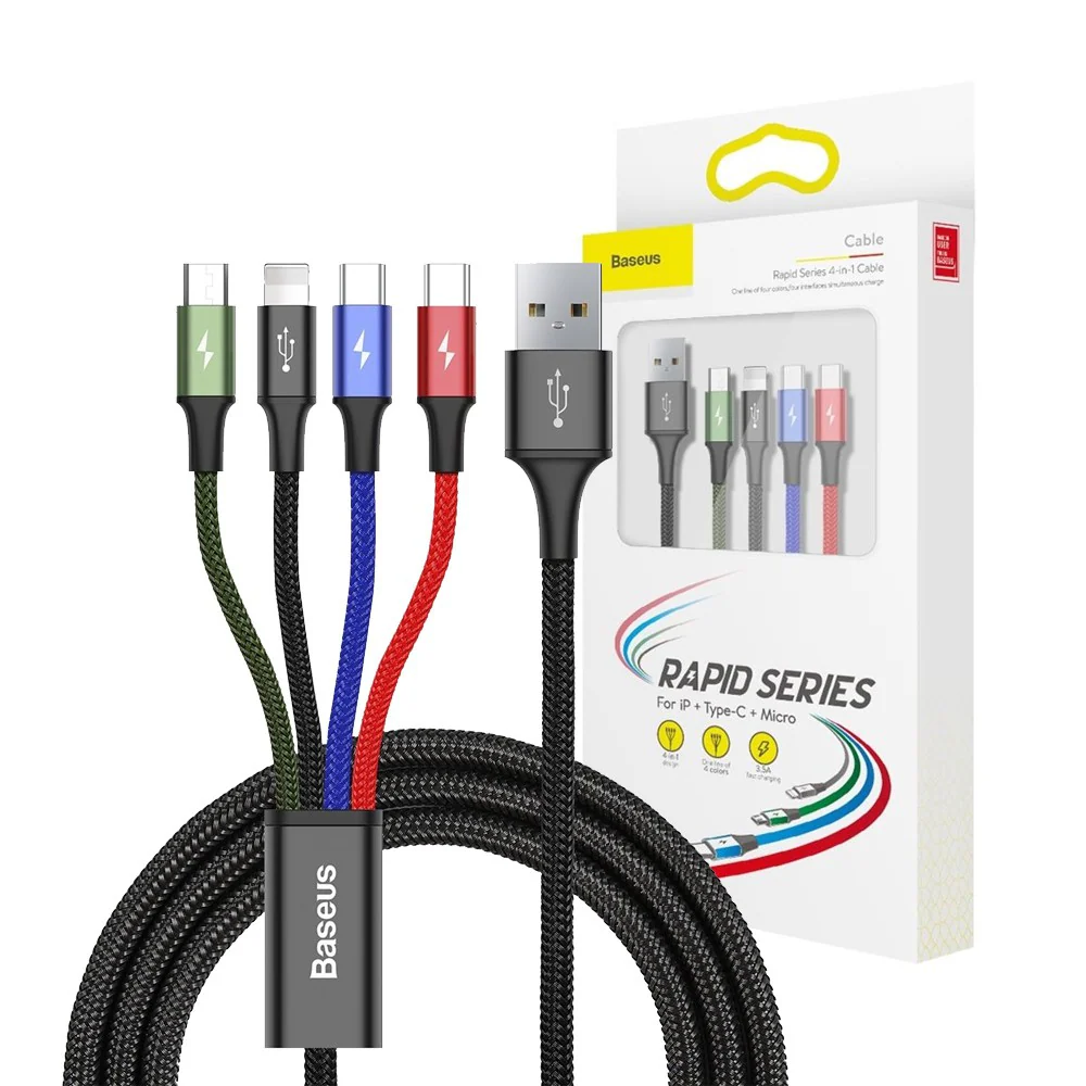 Baseus 4 in 1 Nylon Braided Cable (Lightning / 2 x Type-C / Micro USB) 3.5A 1.2m (CA1T4-B01) - Black - Image 9