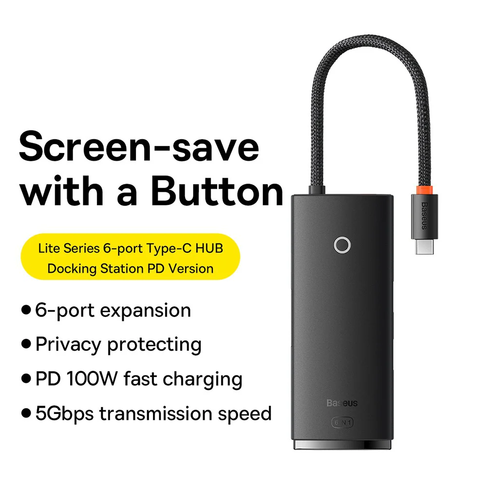 Baseus Lite Series 6-Port Type-C HUB Docking Station (Type-C to HDMI+USB3.0*2+PD+SD/TF) - Black - Image 5