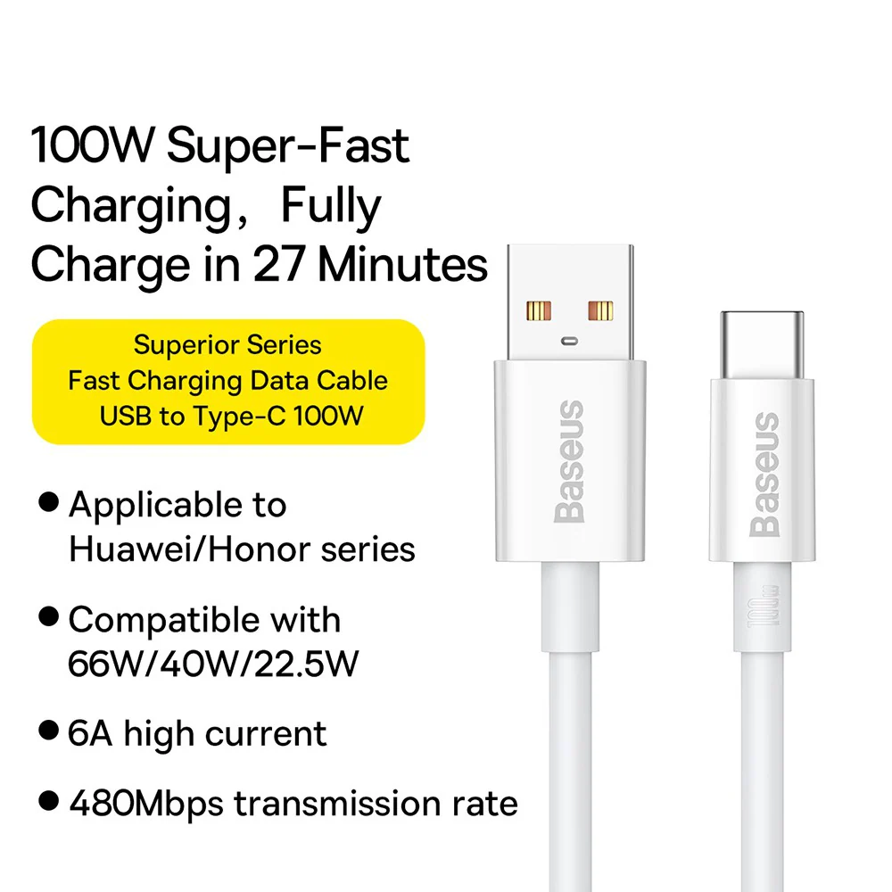 Baseus Superior Series Fast Charging Data Cable USB to Type-C 100W 2M - White - Image 2