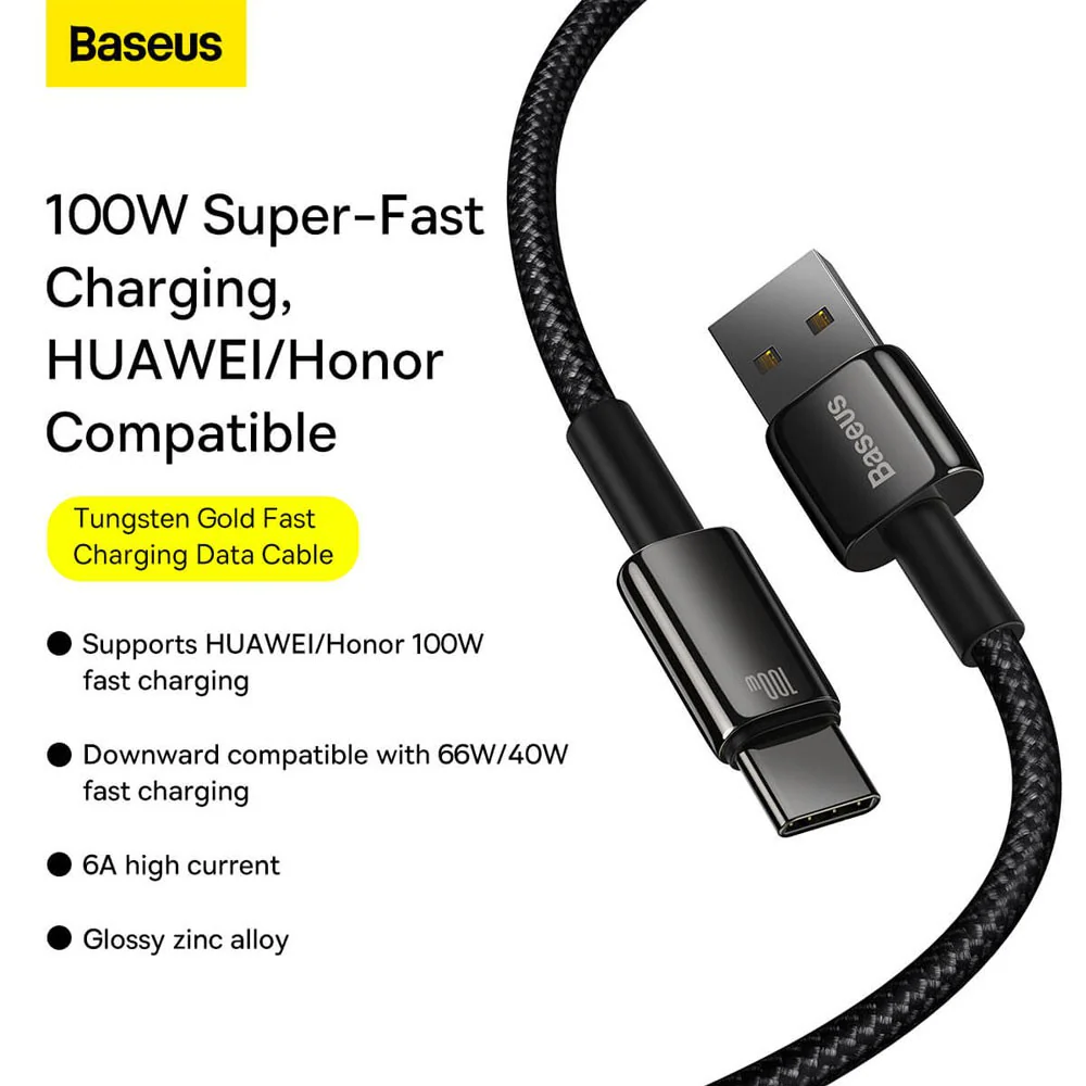 Baseus Tungsten Gold Fast Charging Data Cable USB to Type-C 100W 1m-Black - Image 6