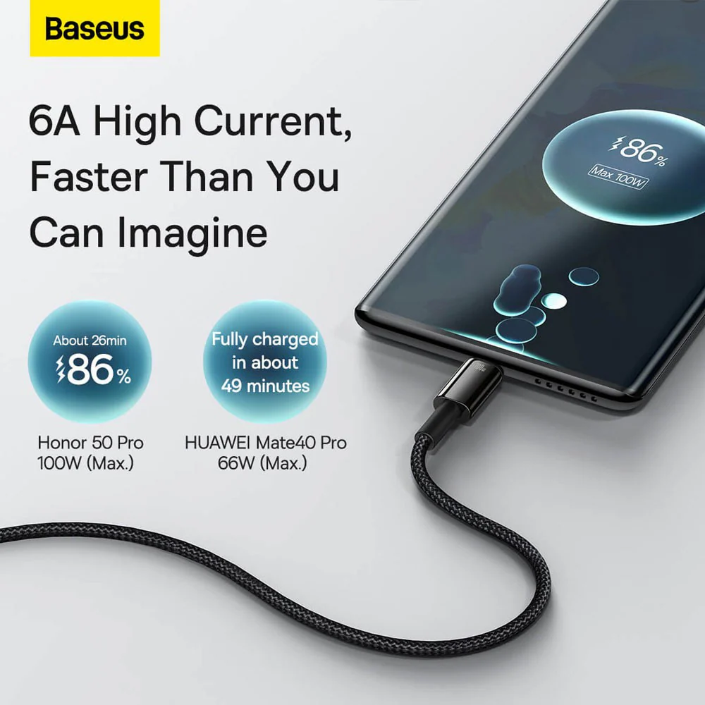 Baseus Tungsten Gold Fast Charging Data Cable USB to Type-C 100W 1m-Black - Image 7