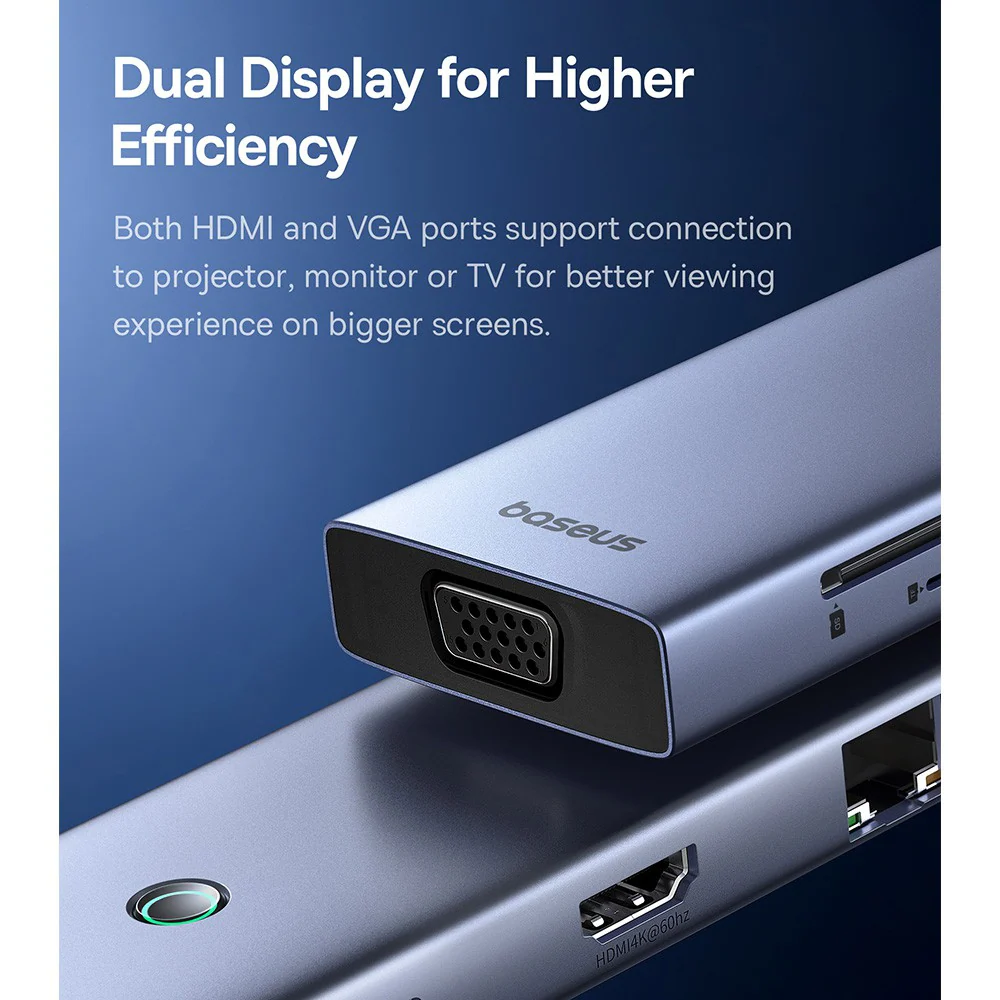 Baseus UltraJoy Series 10-Port HUB Docking Station-Space Grey (Type-C to HDMI4K@60Hz*1+VGA*1+USB 3.0*3+PD*1+RJ45*1+SD/TF*1+3.5mm*1) - Image 4