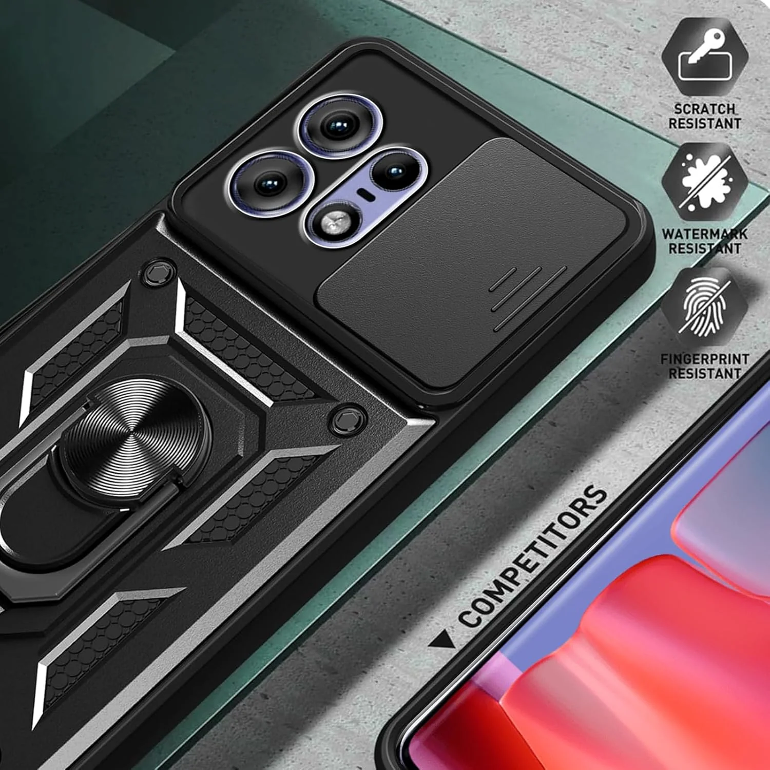 [Built-in 360-degree rotatable ring bracket][Camera Cover] Motorola Moto Edge 50 Pro - Shield Shockproof Rugged Heavy Duty Case With 1PC 9H Tempered Glass Screen Protector - Image 4