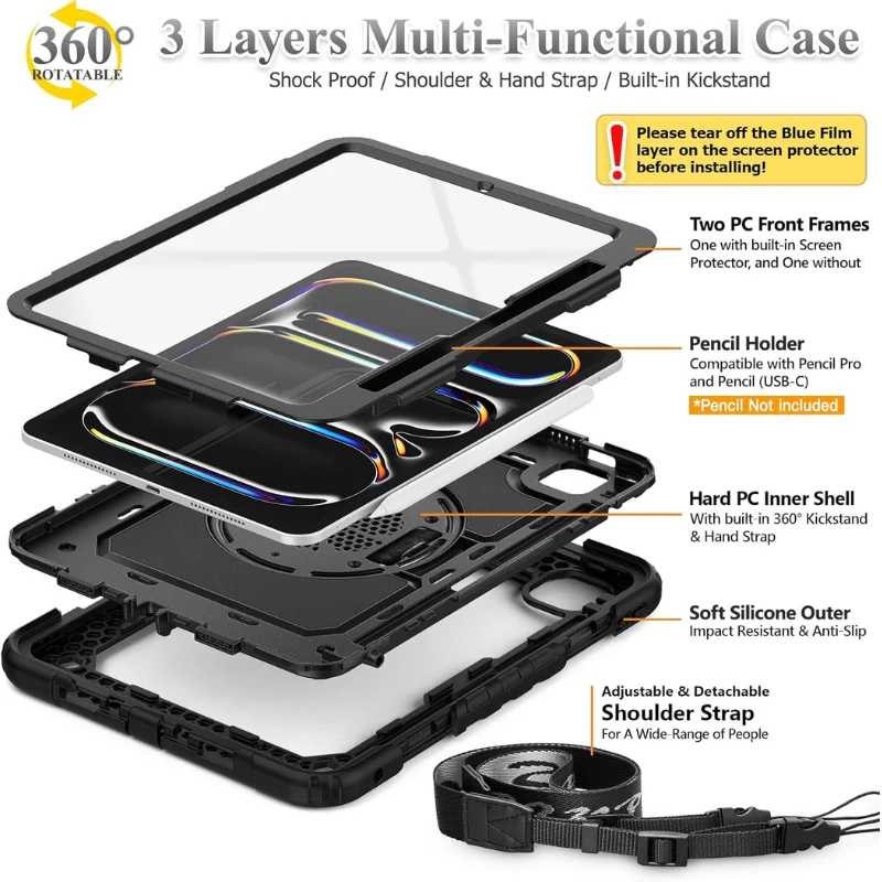 [Built-in 360° Rotating Hand Strap & Stand] Apple iPad Pro 11-inch M5 (2025) - Shockproof with Screen Protector Pencil Holder Heavy Duty Series Case - Image 3