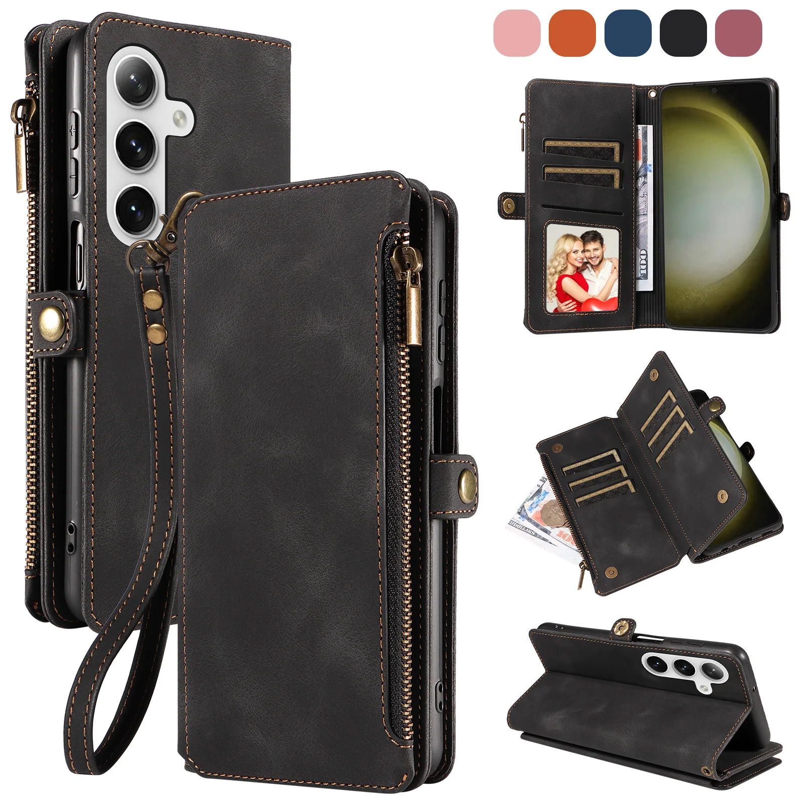 [Built-in Card Slot][With Strap] Samsung Galaxy S25/Plus/Ultra/FE Premium Genuine Leather Wallet Protective Case