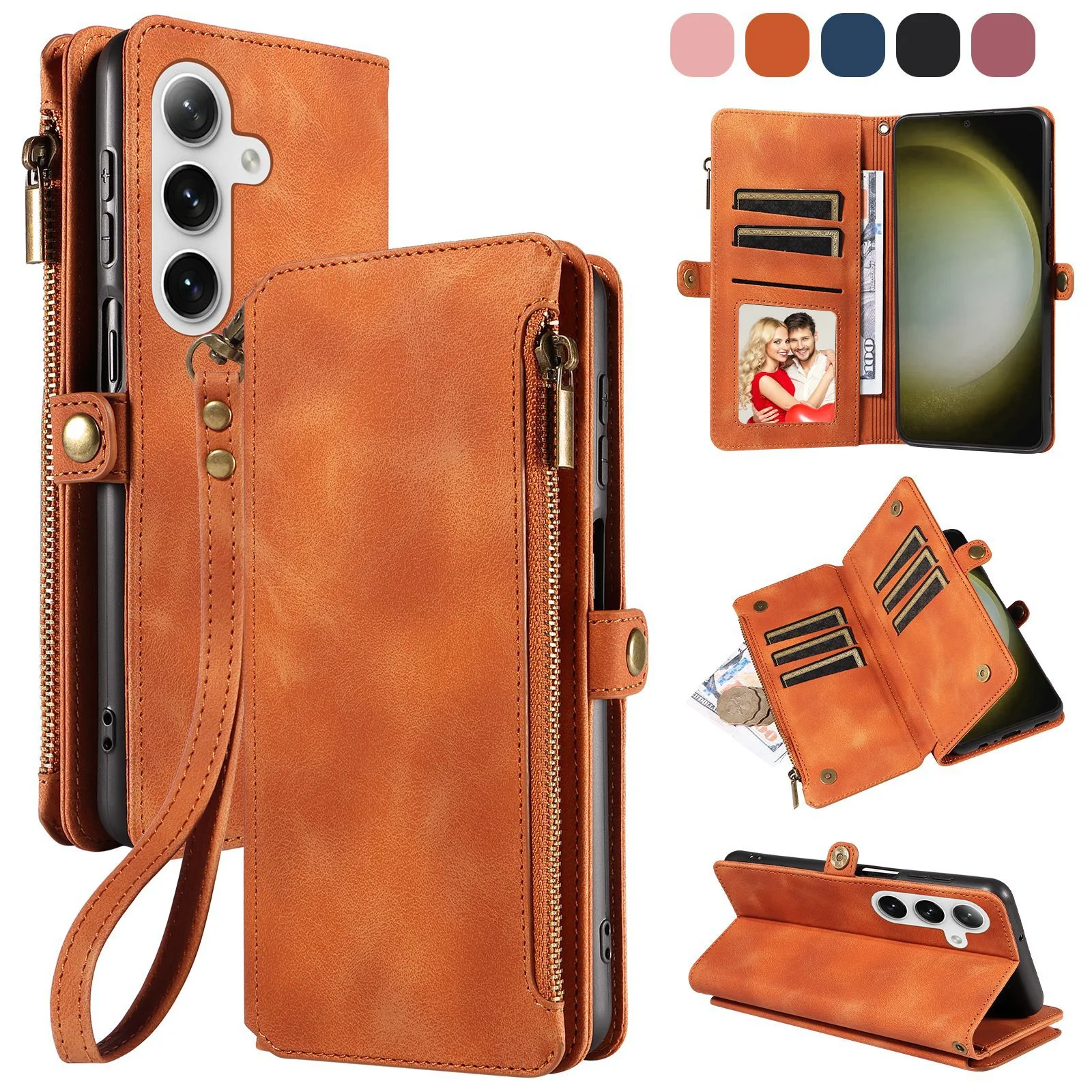 [Built-in Card Slot][With Strap] Samsung Galaxy S25/Plus/Ultra/FE Premium Genuine Leather Wallet Protective Case - Image 4