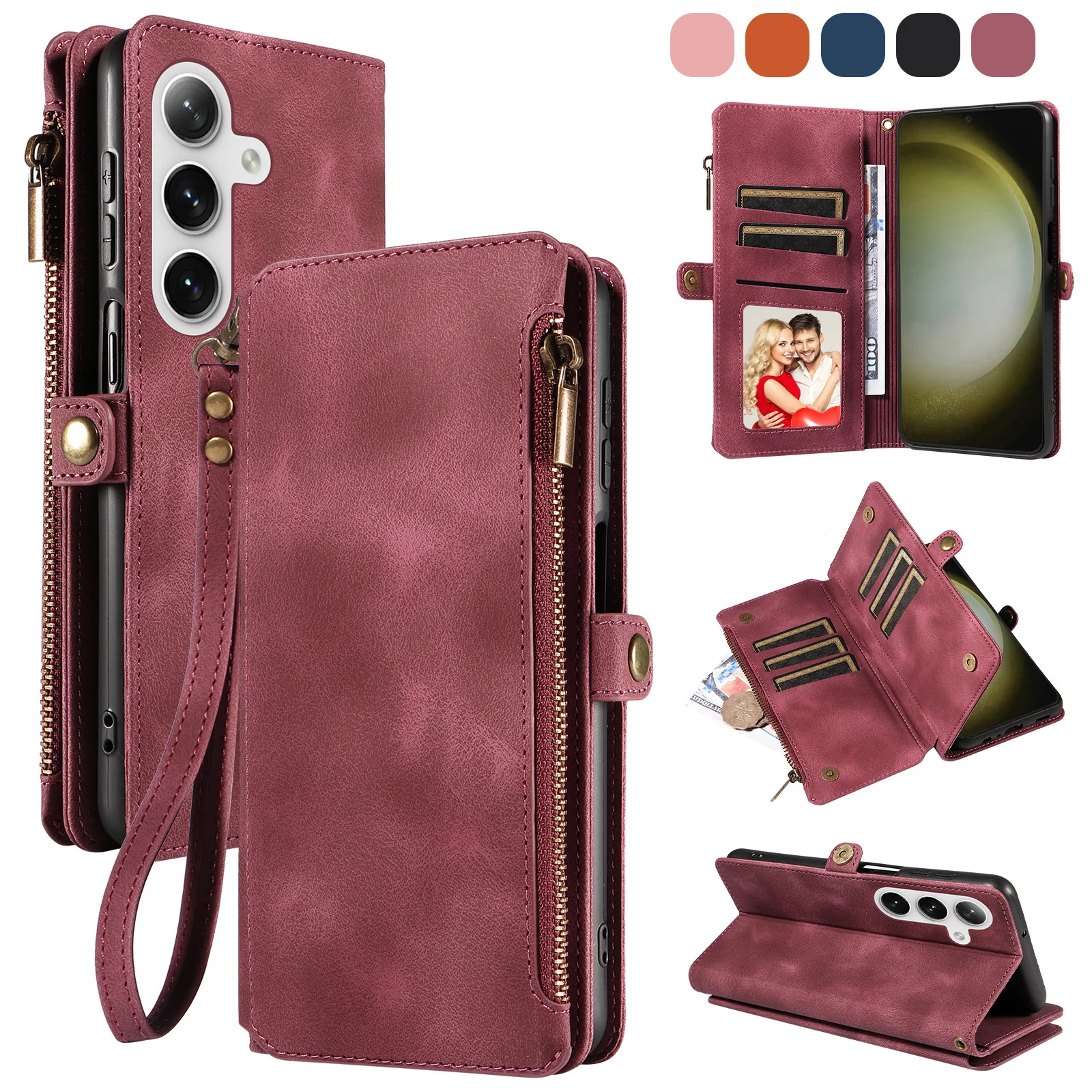 [Built-in Card Slot][With Strap] Samsung Galaxy S25/Plus/Ultra/FE Premium Genuine Leather Wallet Protective Case - Image 5
