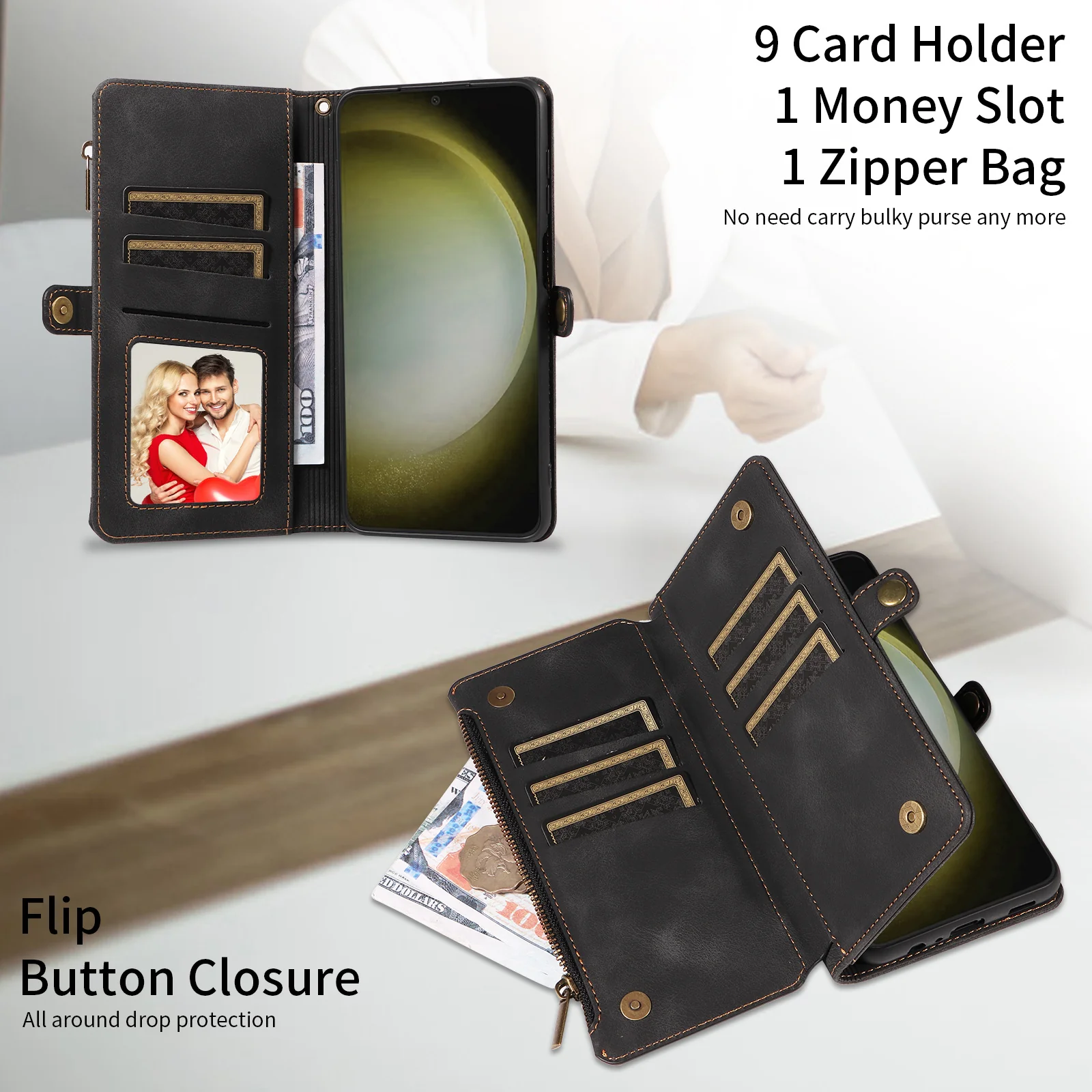 [Built-in Card Slot][With Strap] Samsung Galaxy S25/Plus/Ultra/FE Premium Genuine Leather Wallet Protective Case - Image 9