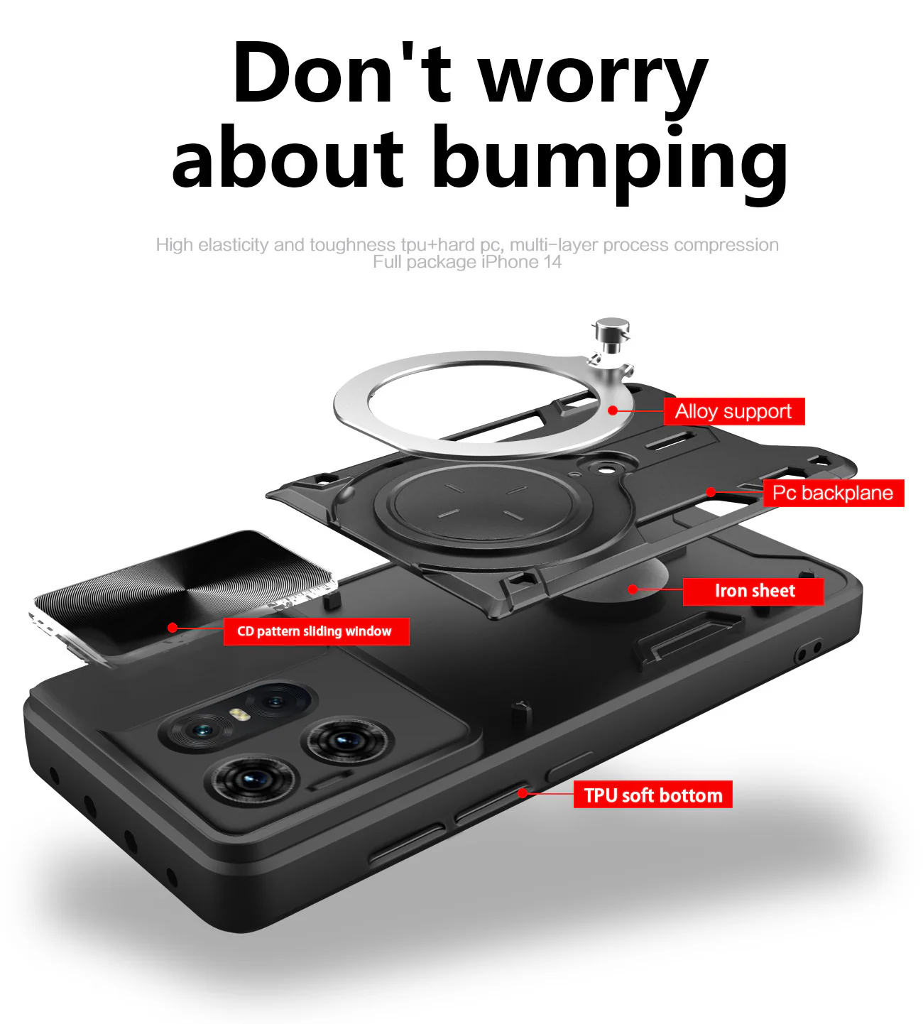 [Built-in Ring Bracket][With Slide Lens Cover] Motorola Moto G96 Minimalist Ultra-thin Shockproof Phone Stand Series Case - Image 3