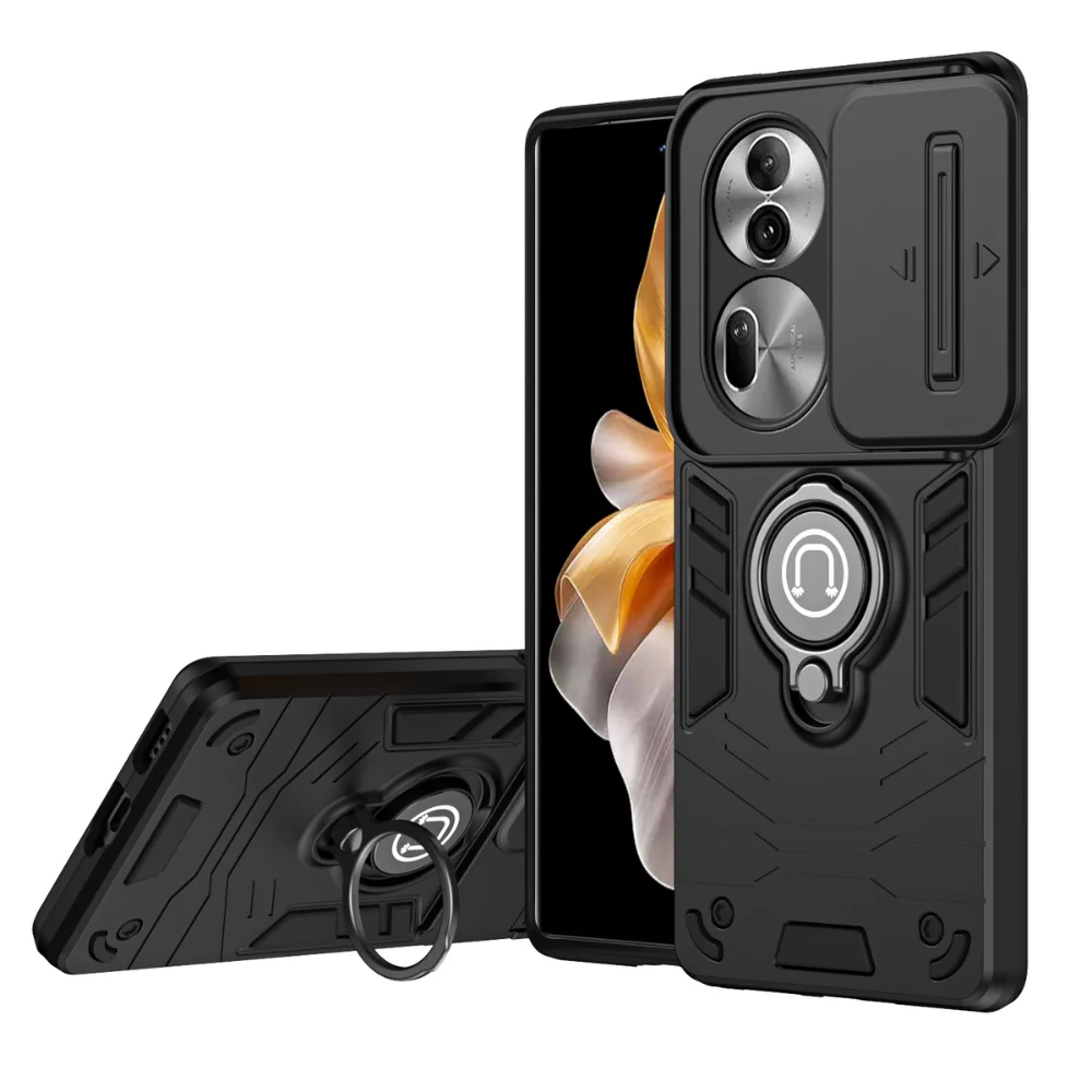 [Built-in Stand][With Slide Lens Cover] OPPO Reno11/Pro/F - PC + TPU 2 in 1 Anti-Drop Protective Shell Case - Image 2