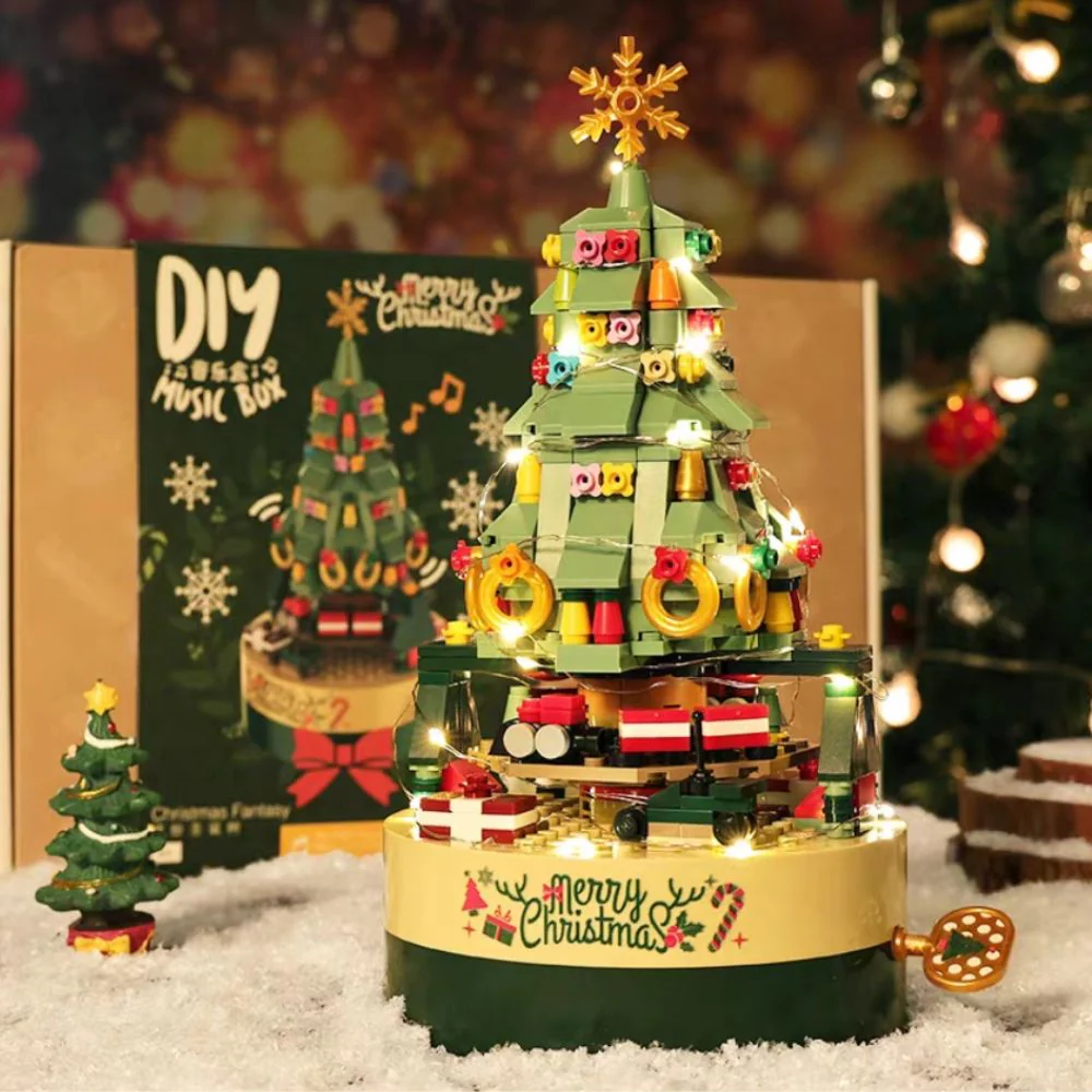 Christmas Tree Rotating Music Box – Fun Building Block Toy, Perfect Gift for Children & Holiday Decor