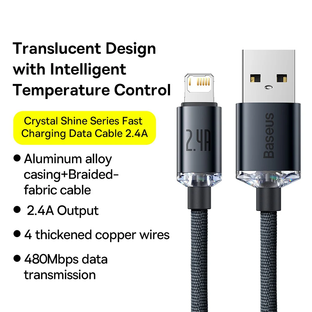 CW-FXP Baseus Crystal Shine Series Fast Charging Data Cable USB to iP 2.4A 1.2m - Black - Image 3
