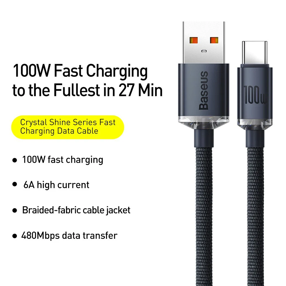 CW-FXP Baseus Crystal Shine Series Fast Charging Data Cable USB to Type-C 100W 2m - Black - Image 3