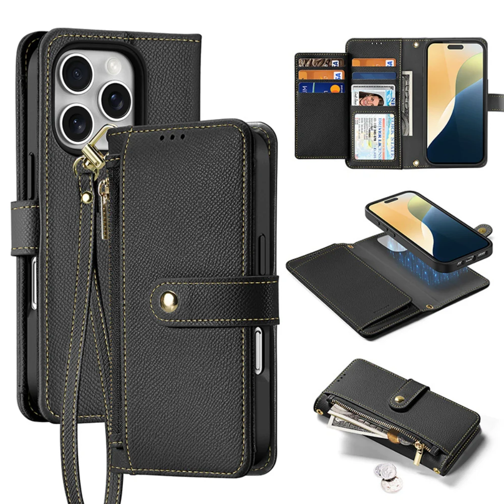 [Detachable][With Card Slot] Apple iPhone 16/Pro/Plus/Max - Detachable Magnetic Genuine Leather Wallet Case - Image 2