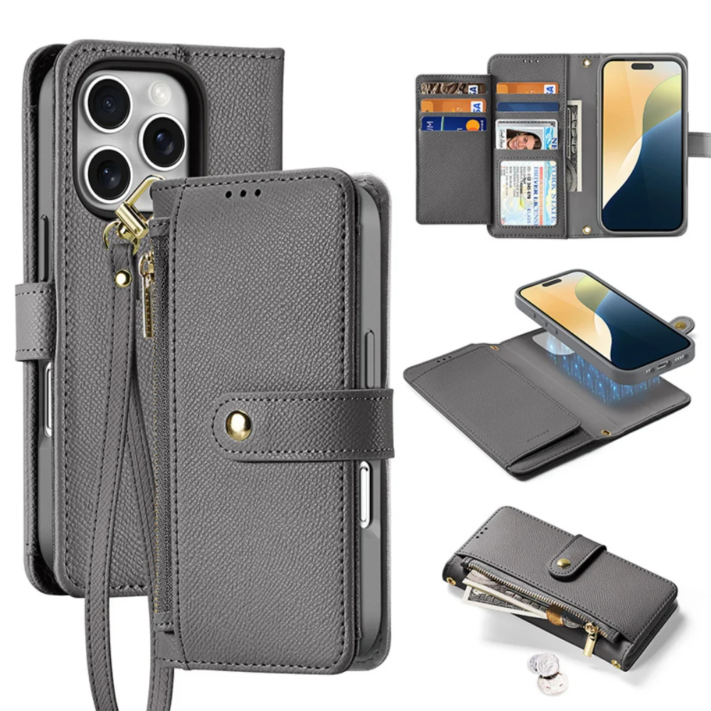 [Detachable][With Card Slot] Apple iPhone 16/Pro/Plus/Max - Detachable Magnetic Genuine Leather Wallet Case - Image 3