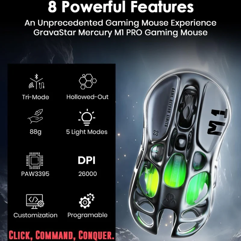 GravaStar Wireless Gaming Mouse Mercury M1 Pro, Lightweight Magnesium Alloy Gaming Mouse, 26,000 DPI - Image 2