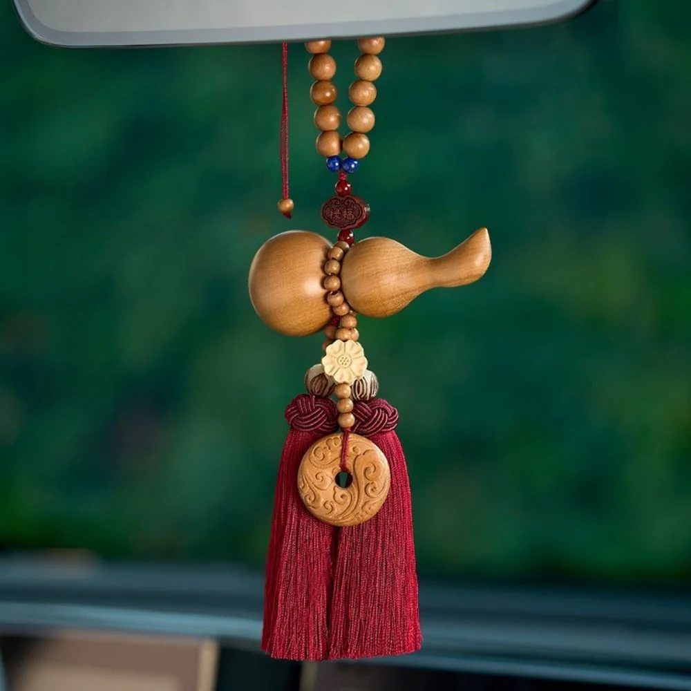 Handmade Peach Wood Peace Buckle Gourd Rearview Mirror Hanging Ornament Elegant and Noble Car Interior Decoration