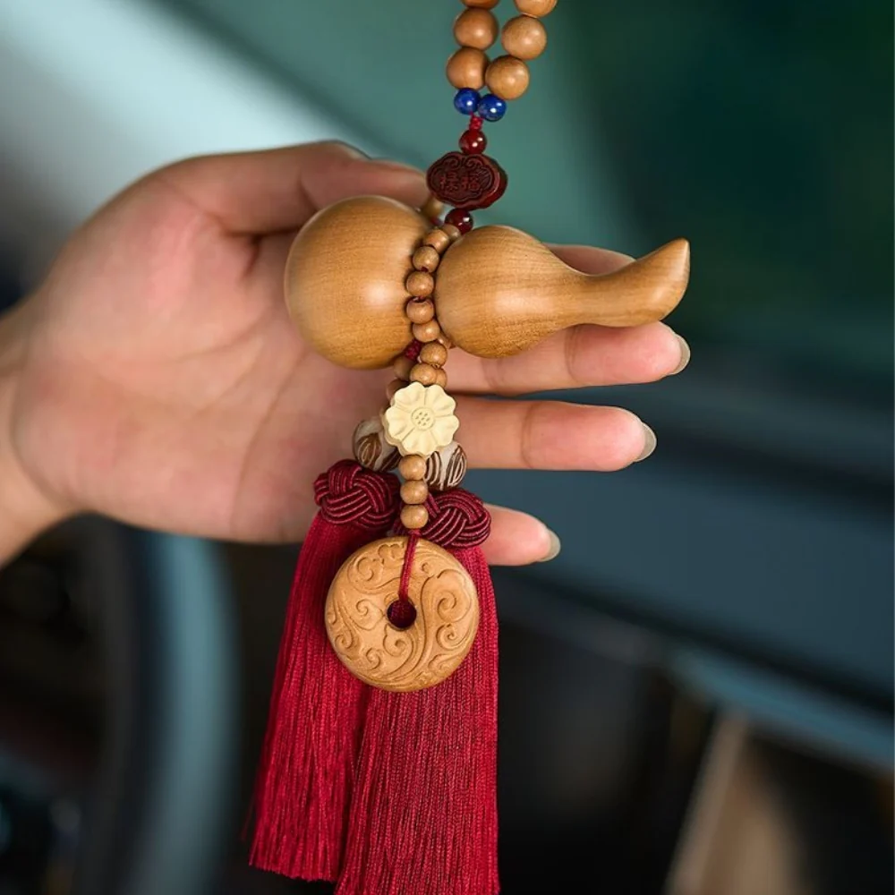 Handmade Peach Wood Peace Buckle Gourd Rearview Mirror Hanging Ornament Elegant and Noble Car Interior Decoration - Image 10