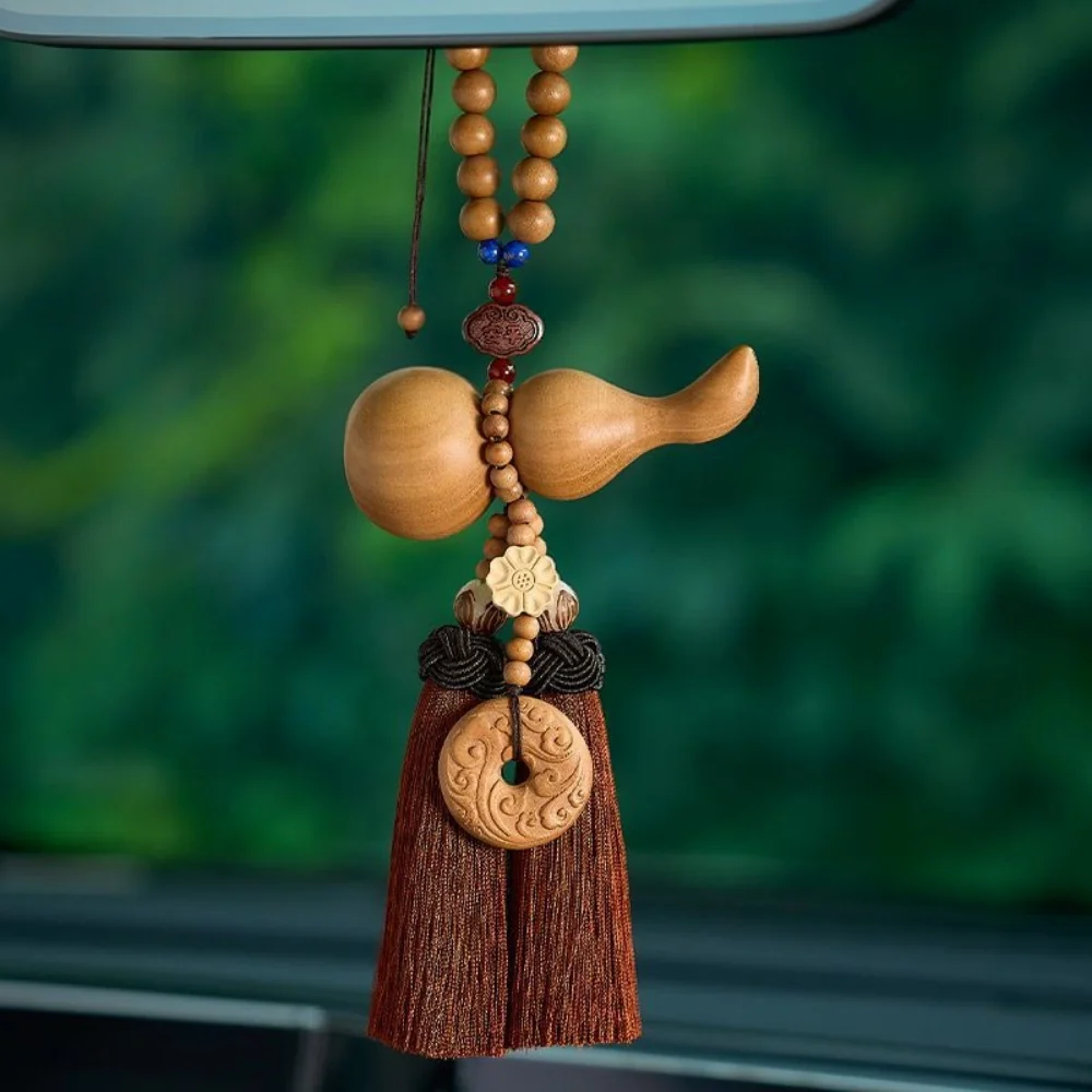 Handmade Peach Wood Peace Buckle Gourd Rearview Mirror Hanging Ornament Elegant and Noble Car Interior Decoration - Image 3