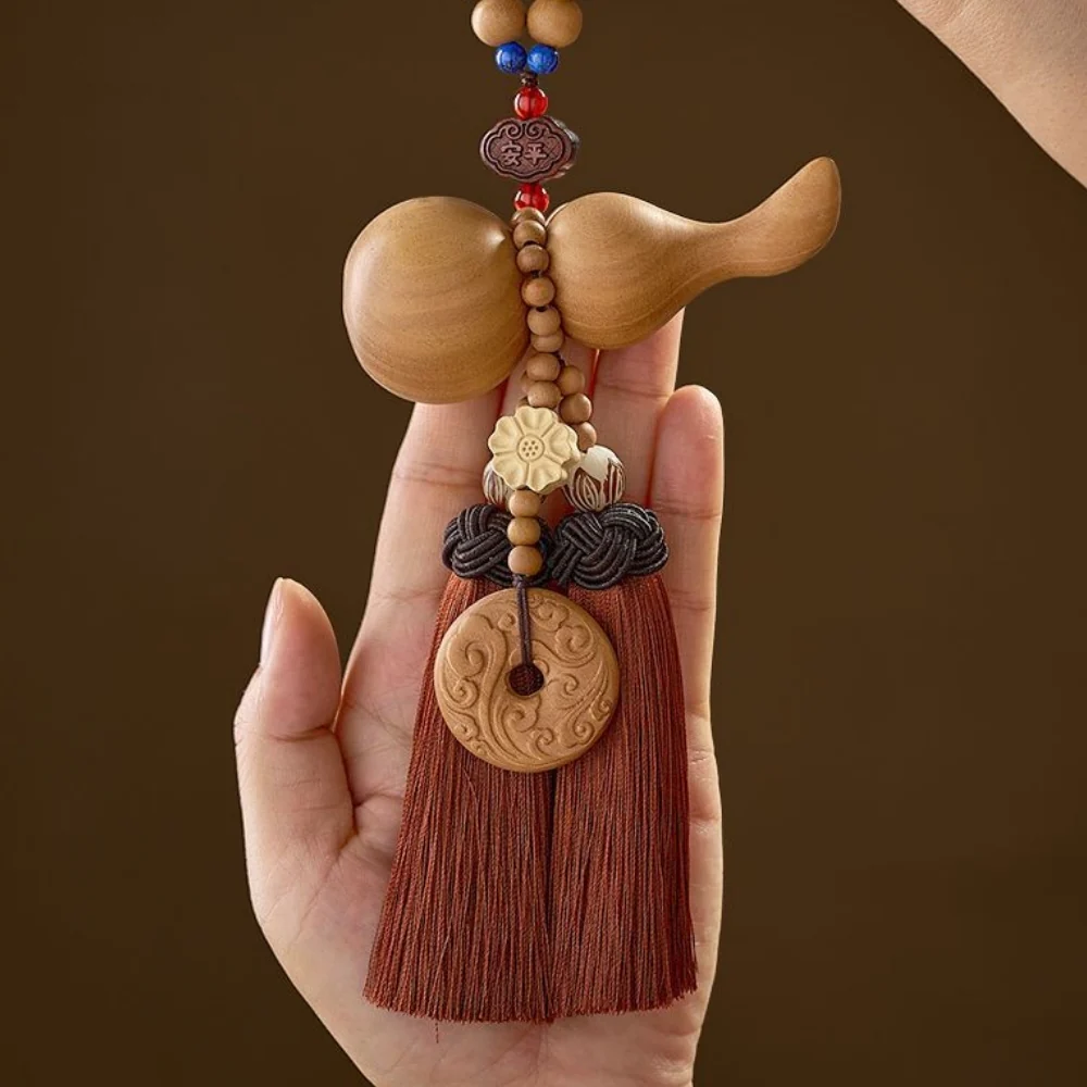 Handmade Peach Wood Peace Buckle Gourd Rearview Mirror Hanging Ornament Elegant and Noble Car Interior Decoration - Image 9