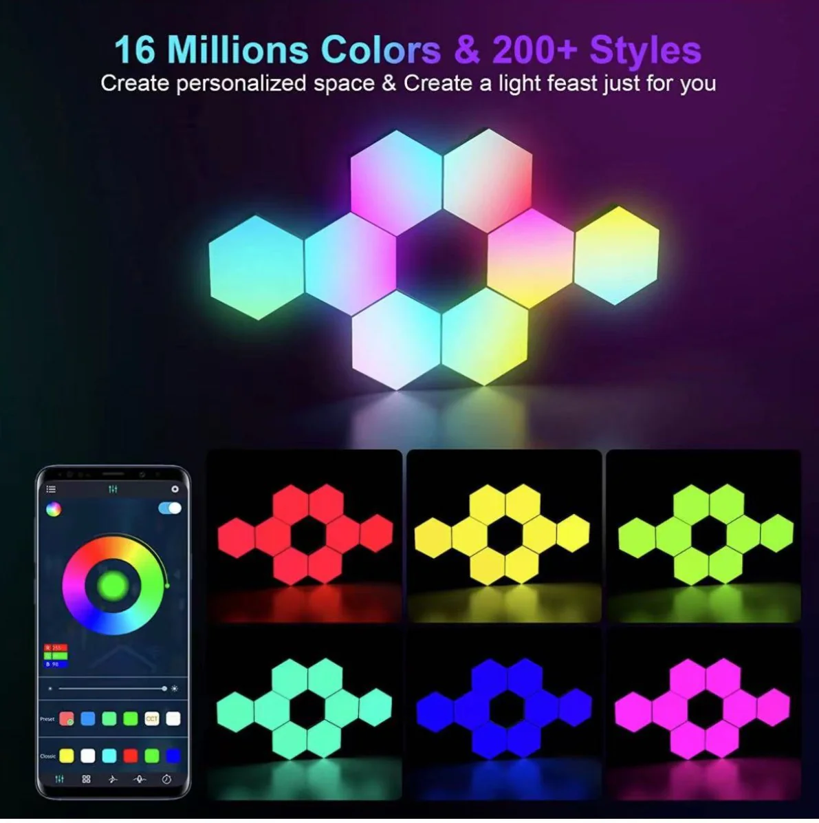 Hexagon RGB LED Smart Light Panels Punch-Free With App Control Gaming Lights Music Sync Hexagon Wall LED Lights DIY Geometry Ambience Lighting for Gaming Room Bedroom Streaming, 6 Panels - Image 5