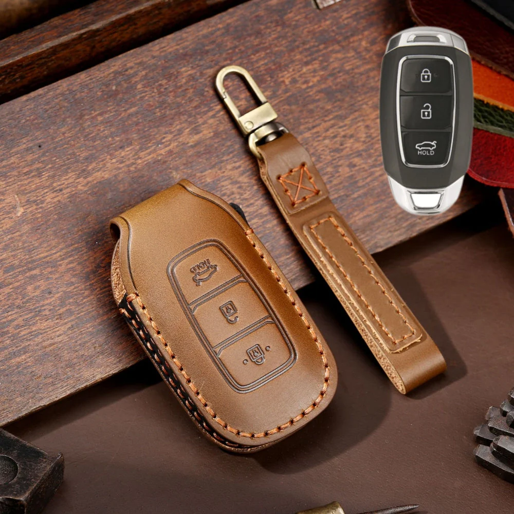 Hyundai Handcrafted Genuine Leather Car Key Fob Protective Case Cover For Santa Fe, Tucson, Palisade, Kona, Santa Fe, Azera - Image 2