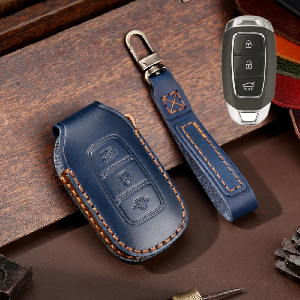 Hyundai Handcrafted Genuine Leather Car Key Fob Protective Case Cover For Santa Fe, Tucson, Palisade, Kona, Santa Fe, Azera - Image 3