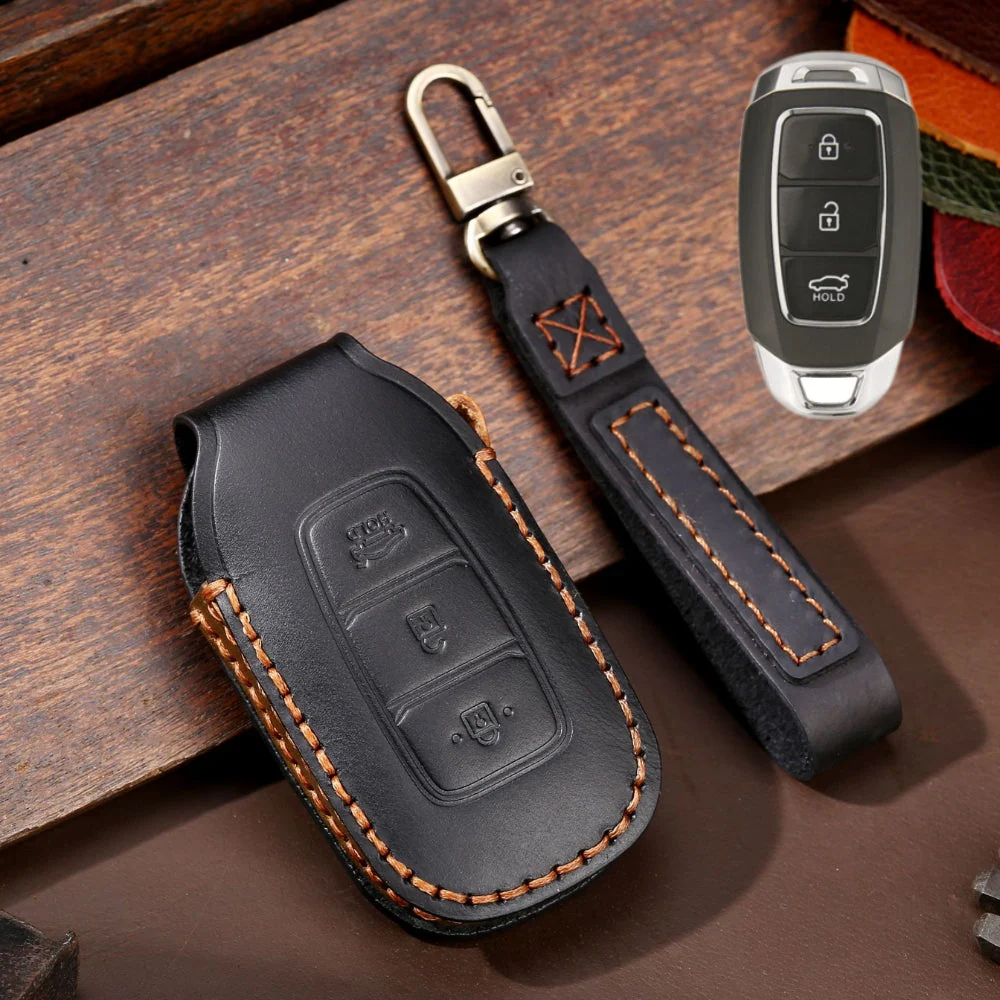Hyundai Handcrafted Genuine Leather Car Key Fob Protective Case Cover For Santa Fe, Tucson, Palisade, Kona, Santa Fe, Azera - Image 4