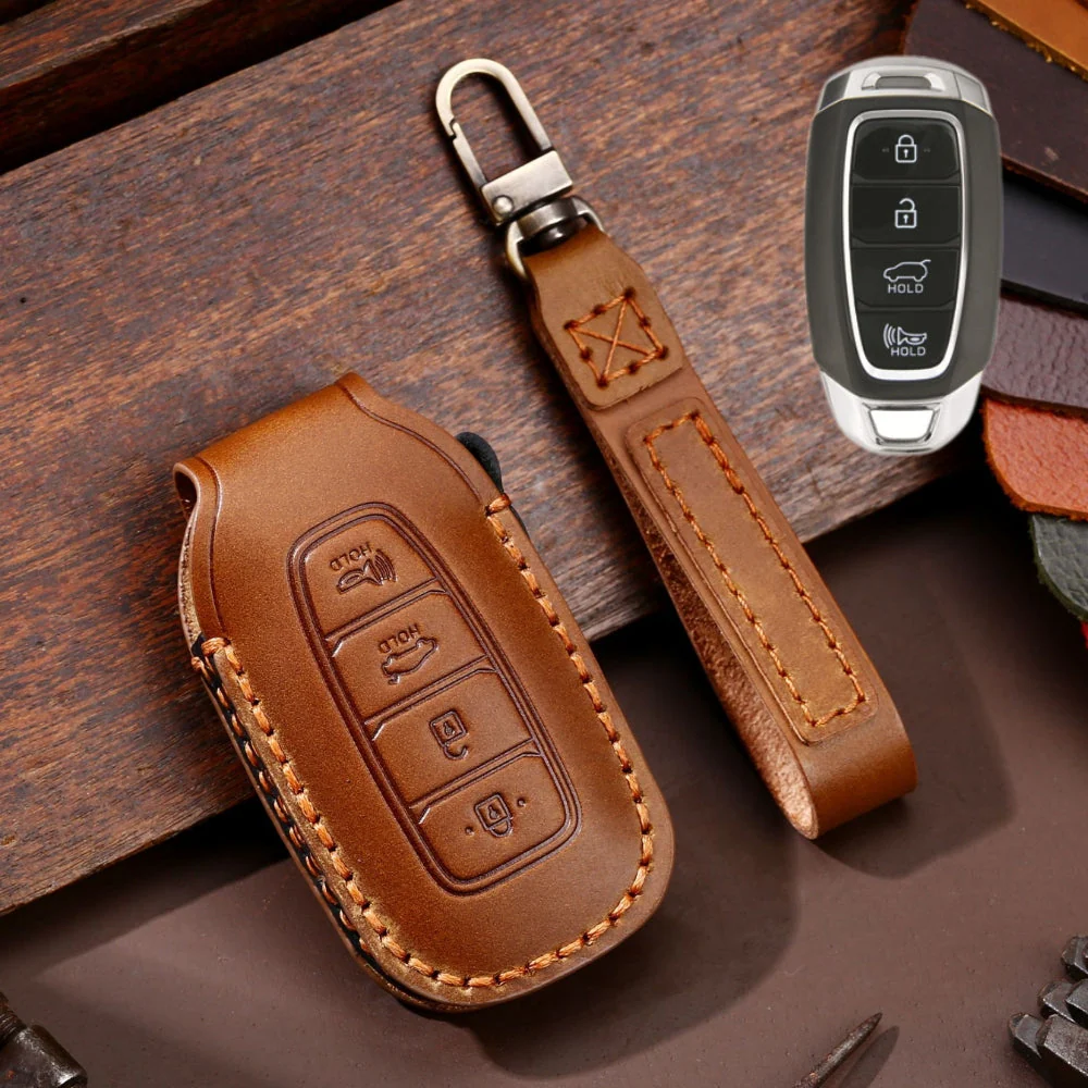 Hyundai Handcrafted Genuine Leather Car Key Fob Protective Case Cover For Santa Fe, Tucson, Palisade, Kona, Santa Fe, Azera - Image 5