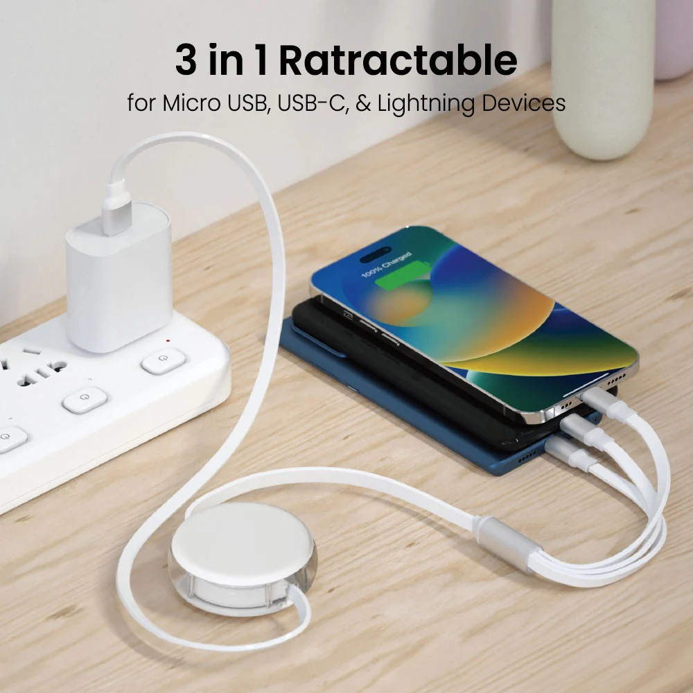iQuick 3 in 1 Retractable Fast Charge & Data Sync Cable IQTC2301 1.2m - White - Image 6