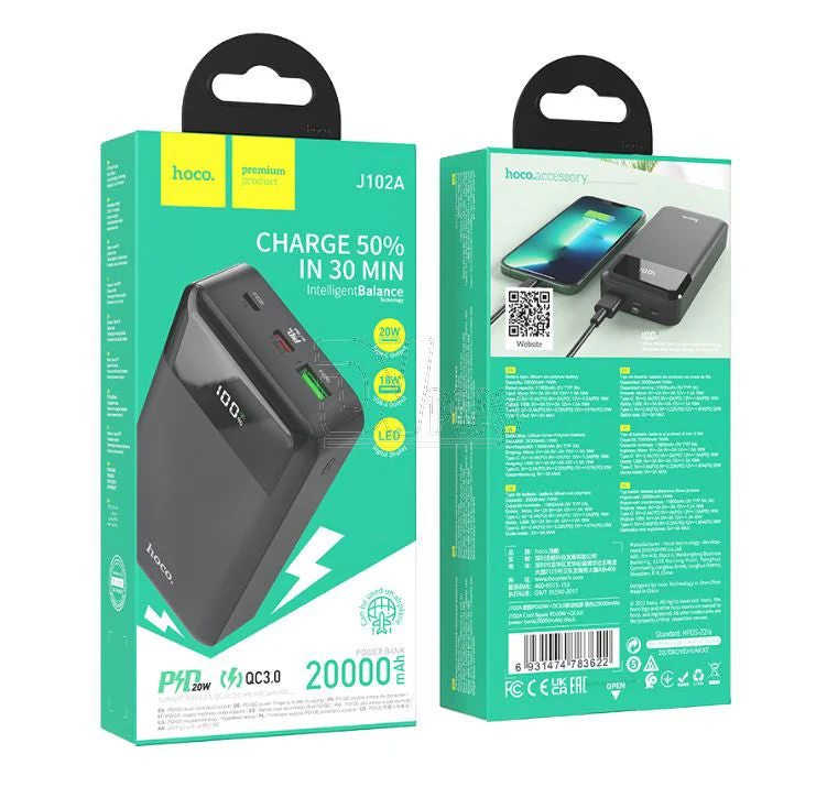 [J102A][20000mAh] HOCO PD 20W QC 3.0 Fast Charging Power Bank