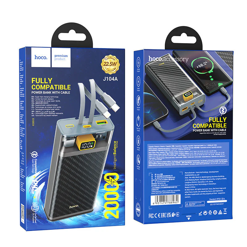 [J104A][Built-in Cable][20000mAh] HOCO Transparent Explorer PD 22.5W QC 3.0 Fast Charging Power Bank