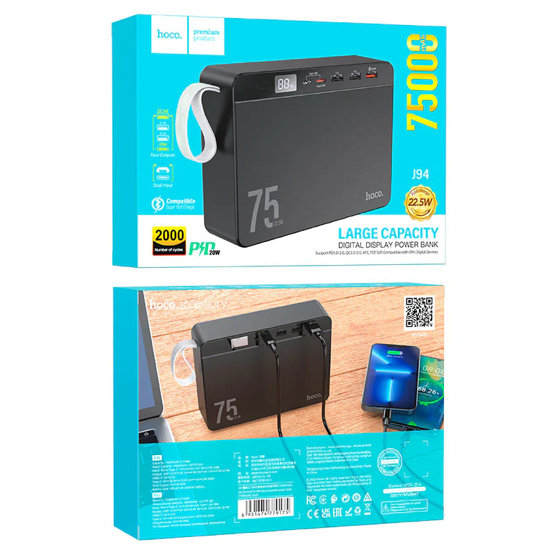[J94][75000mAh] HOCO PD 20W QC 3.0 Fast Charging Power Bank Portable Power Station