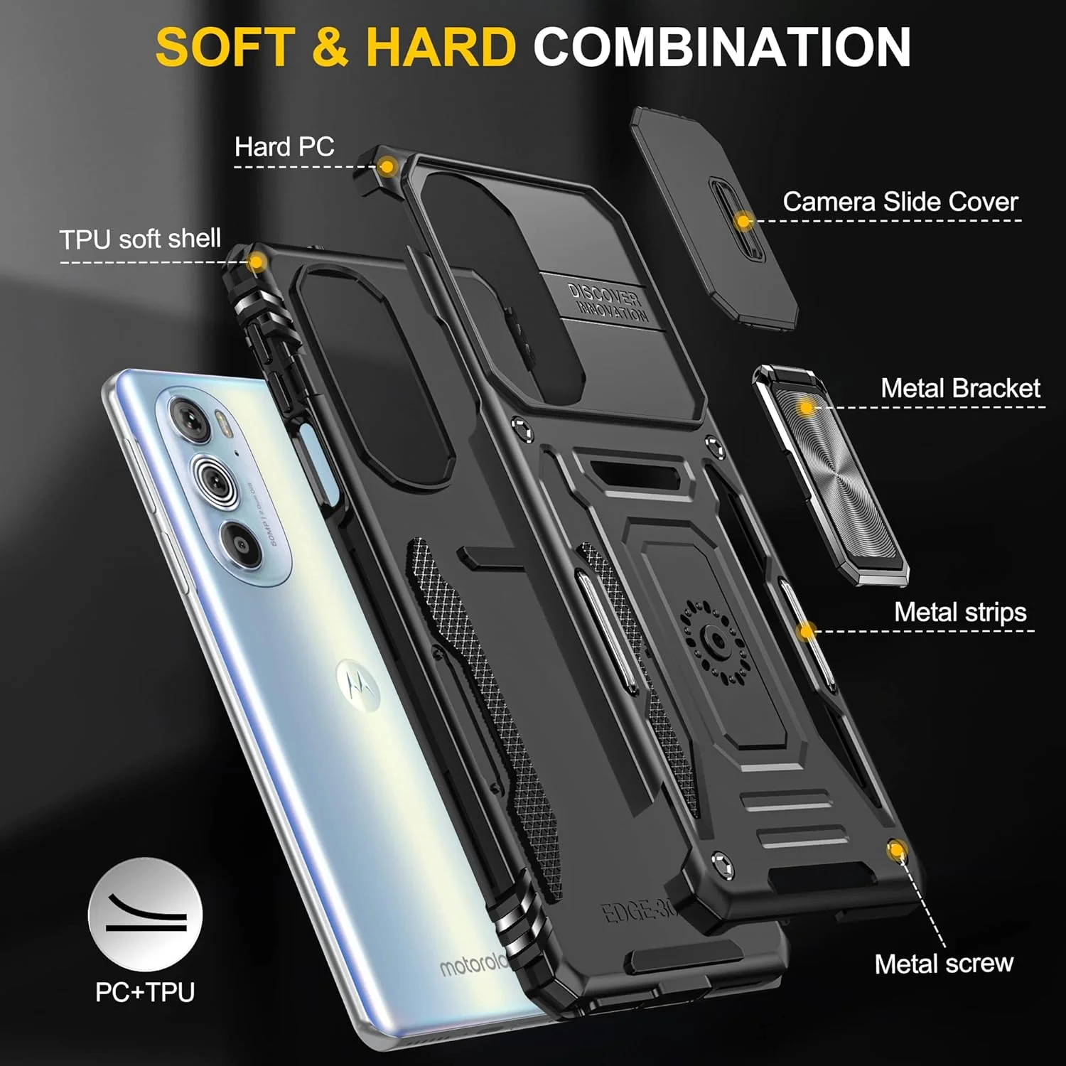 [Magnetic Ring Kickstand][Camera Cover] Motorola Moto Edge 30 Pro/Edge Plus 2022 - Shield Shockproof Rugged Heavy Duty Case With 2PC 9H Glass Screen Protector - Image 3