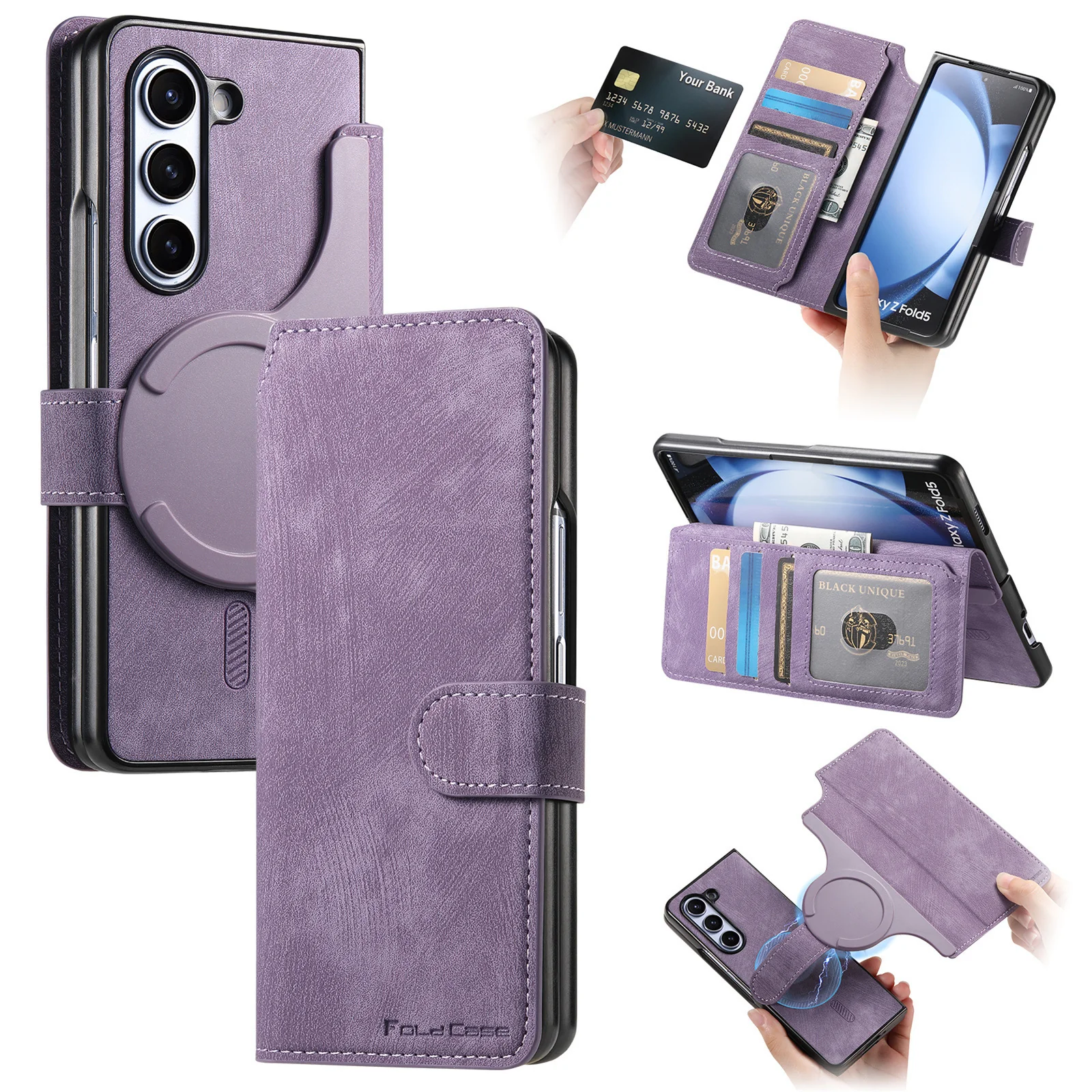 [Magsafe Compatible][Detachable] Samsung Galaxy Z Fold5 SM-F946 Leather Flip Shockproof Wallet Series Case With Card Slot