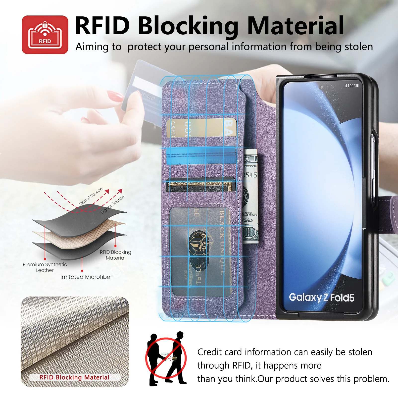 [Magsafe Compatible][Detachable] Samsung Galaxy Z Fold5 SM-F946 Leather Flip Shockproof Wallet Series Case With Card Slot - Image 13