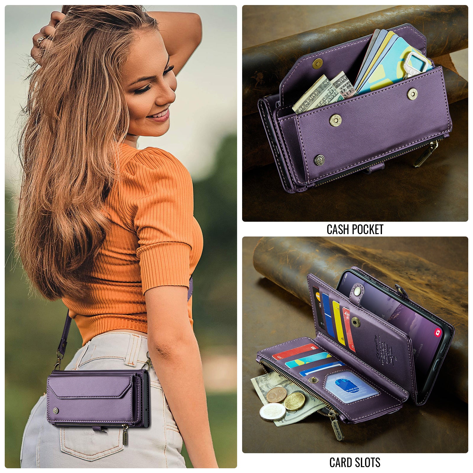 [Magsafe Compatible] Samsung Galaxy A36 (SM-A366) - Zipper Style Crossbody PU Leather Wallet Series Stand Case With Lanyard - Image 11