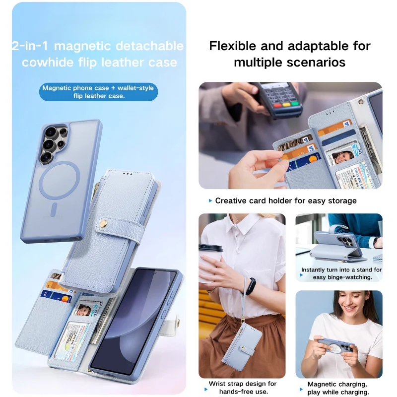 [Magsafe Compatible] Samsung Galaxy S26/Plus/Ultra - Leather Magnetic Detachable Skin-friendly Matte Flip Wallet Series Case With Wrist Strap - Image 6