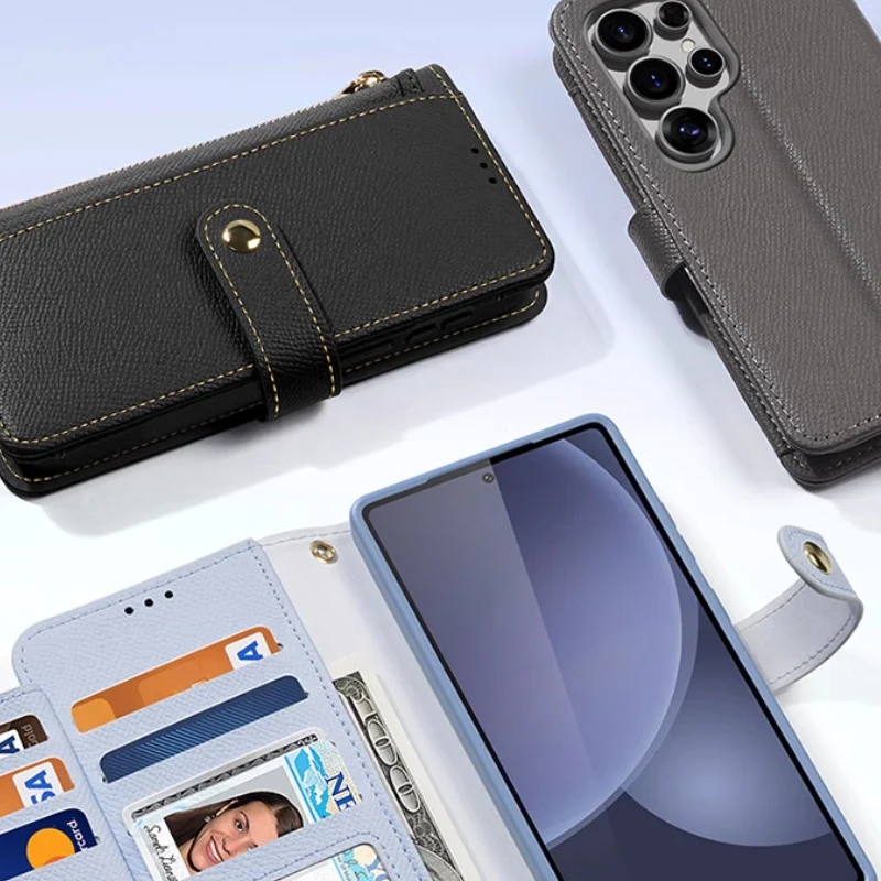 [Magsafe Compatible] Samsung Galaxy S26/Plus/Ultra - Leather Magnetic Detachable Skin-friendly Matte Flip Wallet Series Case With Wrist Strap - Image 9