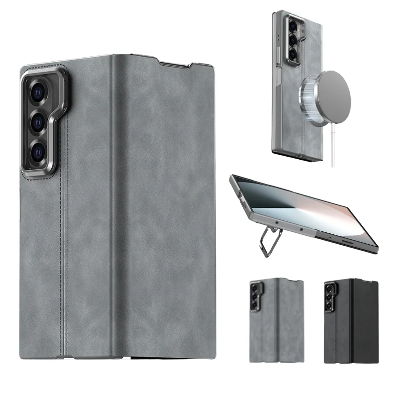 [Magsafe Compatible] Samsung Galaxy Z Fold6 (SM-F956) - Business Skin Friendly Camera Frame Holder Stand Leather Case - Image 2