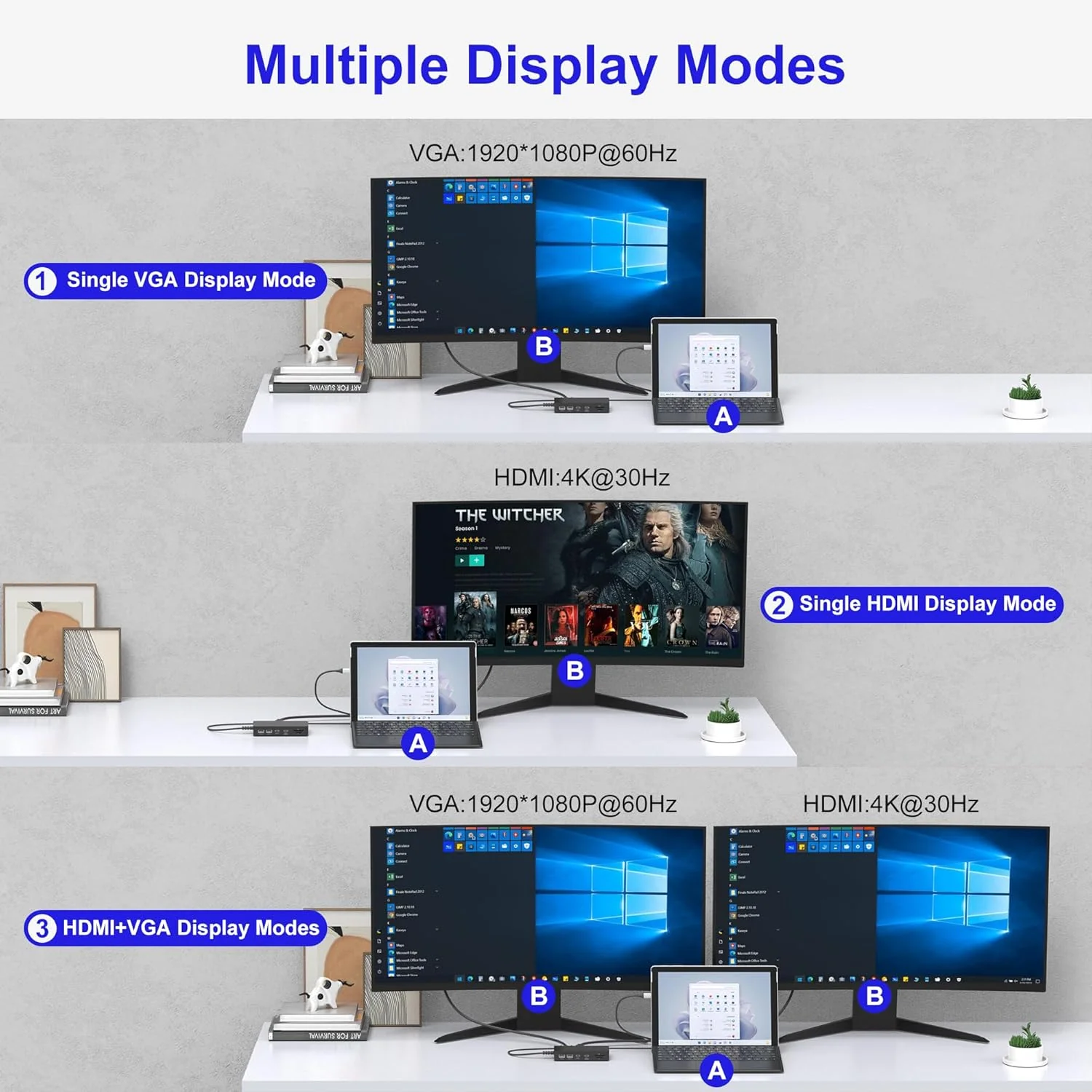 Microsoft Surface Pro & Surface Laptop - Compatible Microsoft Surface Dock 11-in-1 USB C Docking Station, Dual Monitor Support, 4K HDMI+VGA - Image 6