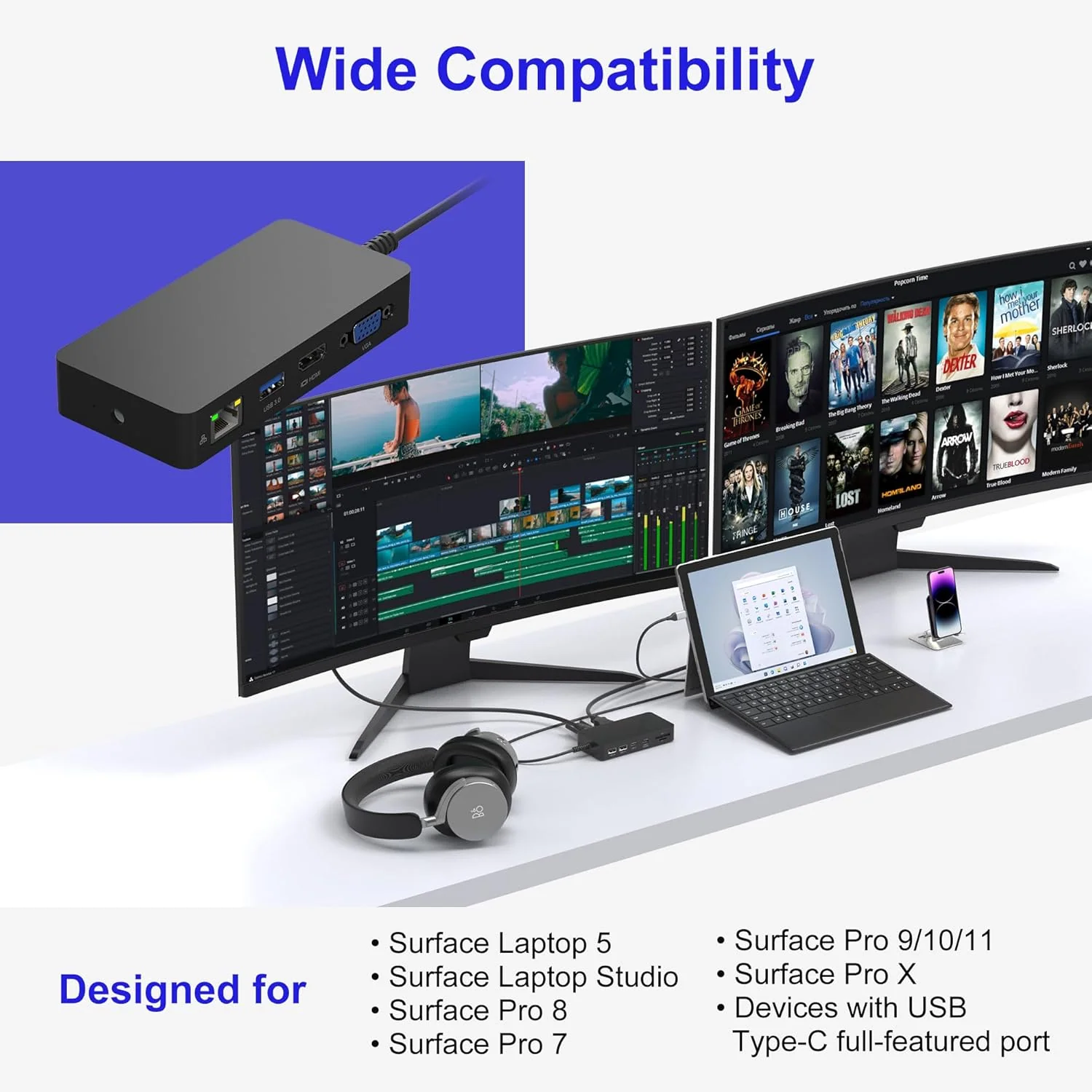 Microsoft Surface Pro & Surface Laptop - Compatible Microsoft Surface Dock 11-in-1 USB C Docking Station, Dual Monitor Support, 4K HDMI+VGA - Image 8