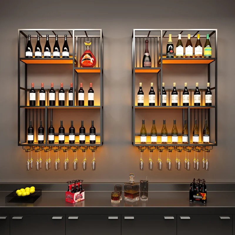 Modern Industrial Wall-Mounted Wine & Spirits Rack with LED Lighting and Hanging Wine Glass Holder - Image 2