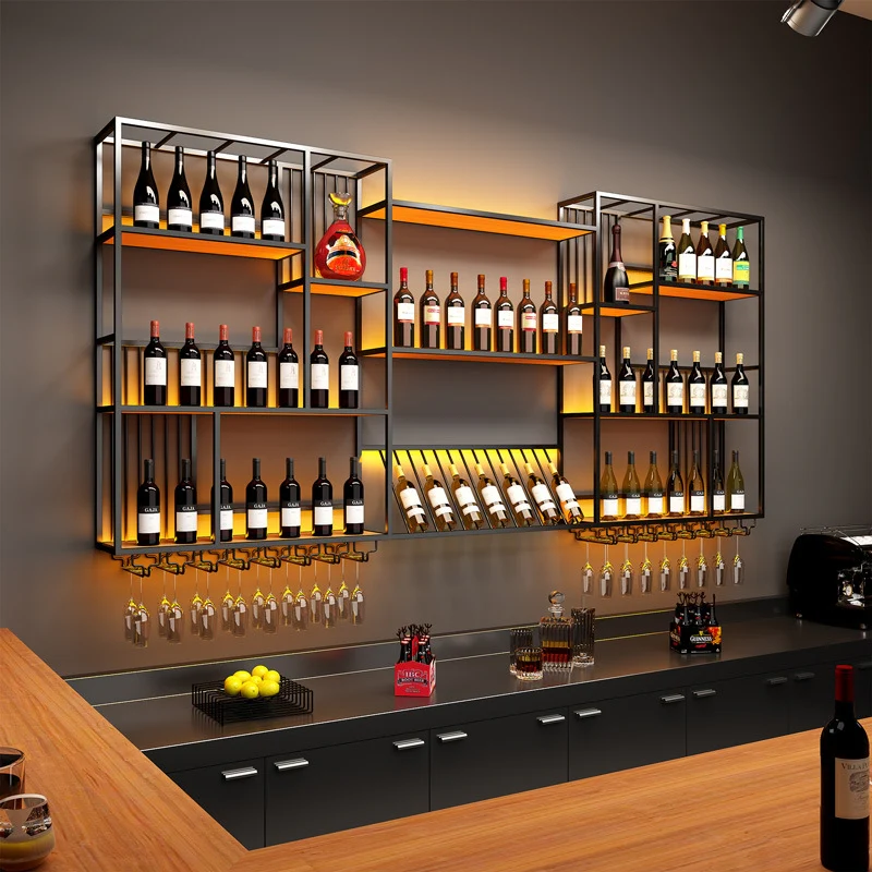 Modern Industrial Wall-Mounted Wine & Spirits Rack with LED Lighting and Hanging Wine Glass Holder - Image 3